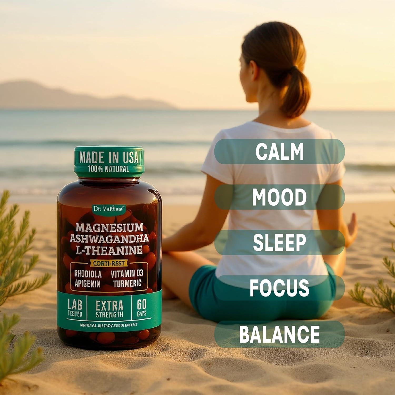 Suplemento Vegano de Cortisol Dr. Matthew - Ashwagandha, Magnesio, D3