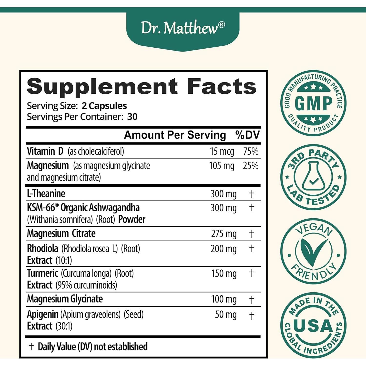 Suplemento Vegano de Cortisol Dr. Matthew - Ashwagandha, Magnesio, D3