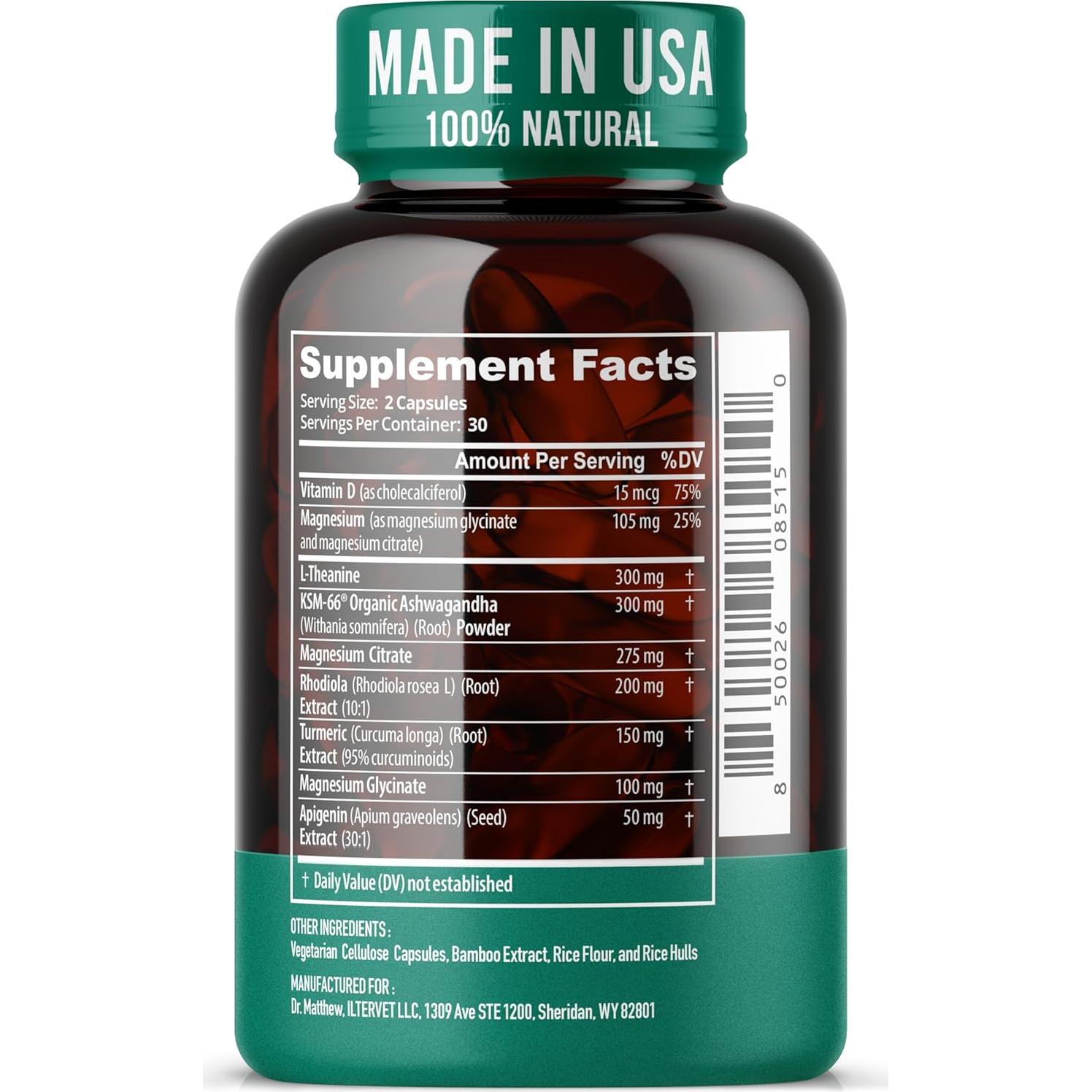 Suplemento Vegano de Cortisol Dr. Matthew - Ashwagandha, Magnesio, D3