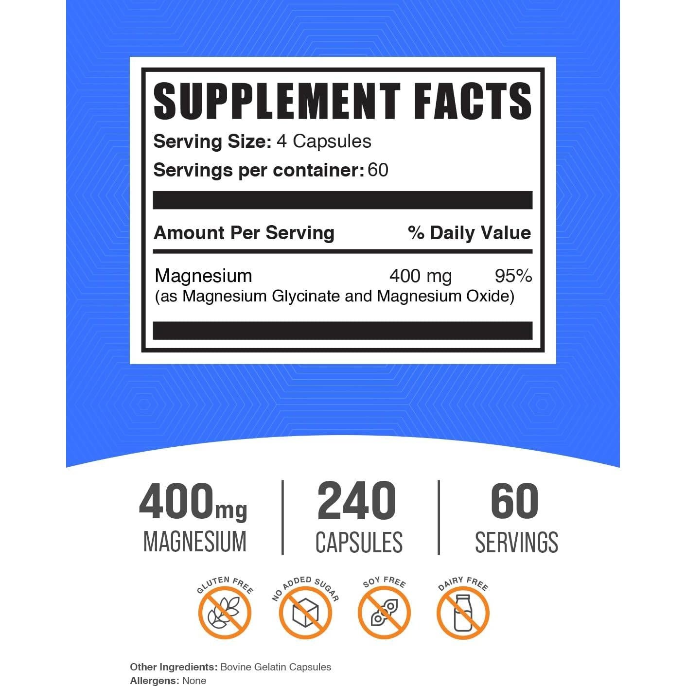 Cápsulas de Glicinato de Magnesio BulkSupplements 400mg - 240 Unidades