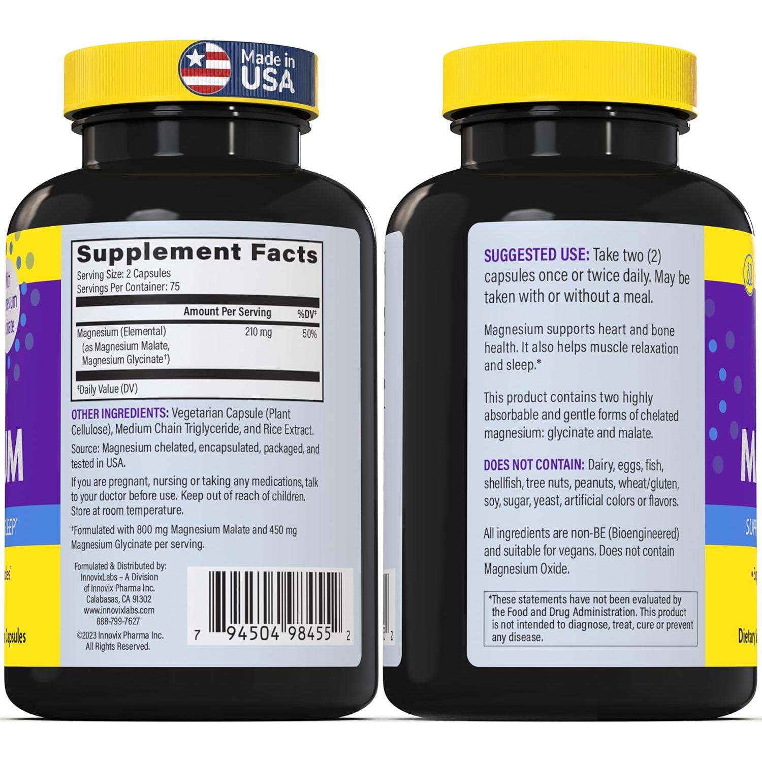 Cápsulas de Magnesio Glicinato y Malato InnovixLabs - 150 Ct