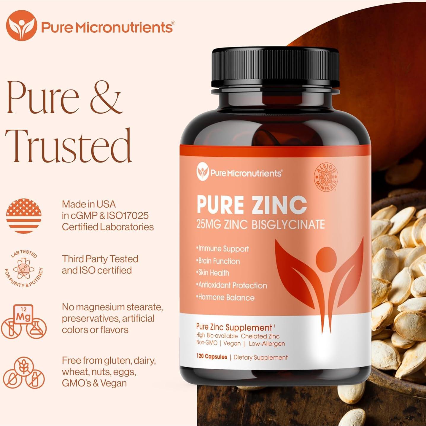 Suplemento de Zinc Puro 25mg Chelato Bisglicinato TRAACS 120 Cápsulas