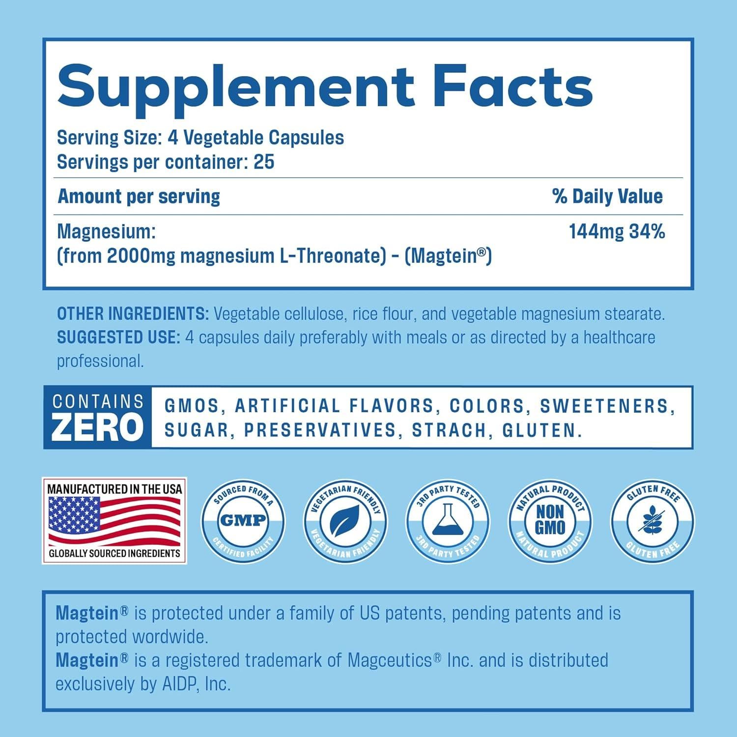 Magnesio L-Treonato Magtein 2000 mg 100 Cápsulas Veganas