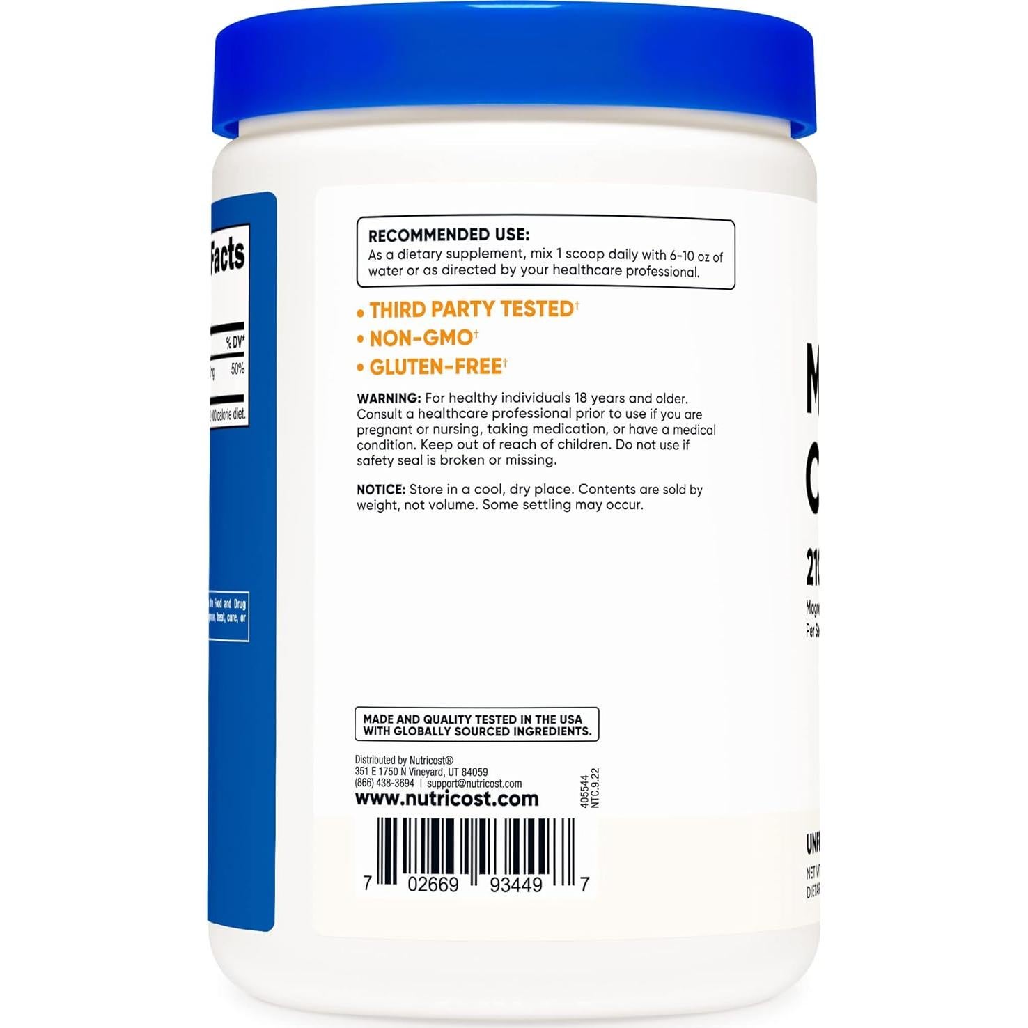 Polvo de Citrato de Magnesio Nutricost 500g Sin Sabor