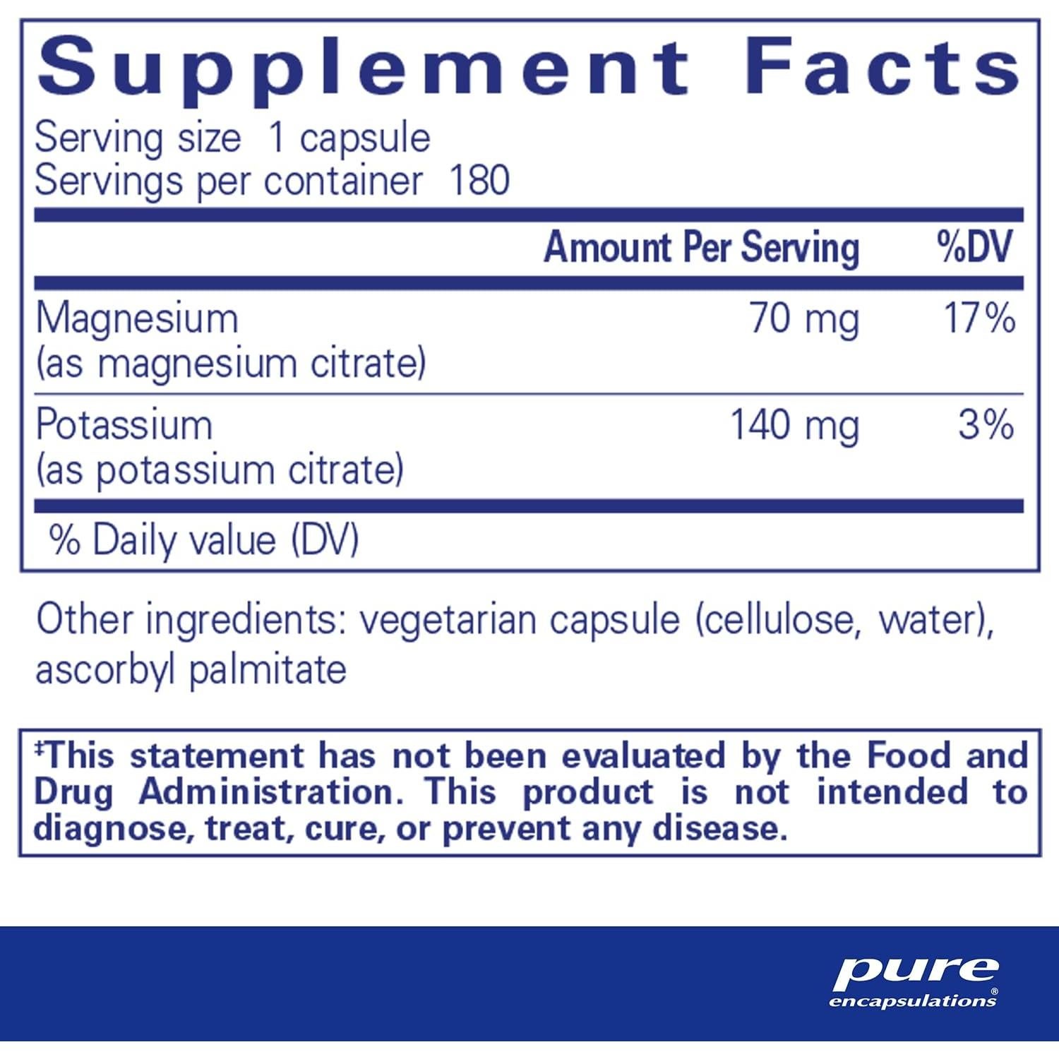 Suplemento Mineral Potasio Magnesio Citrato Pure Encapsulations - 180 Cápsulas