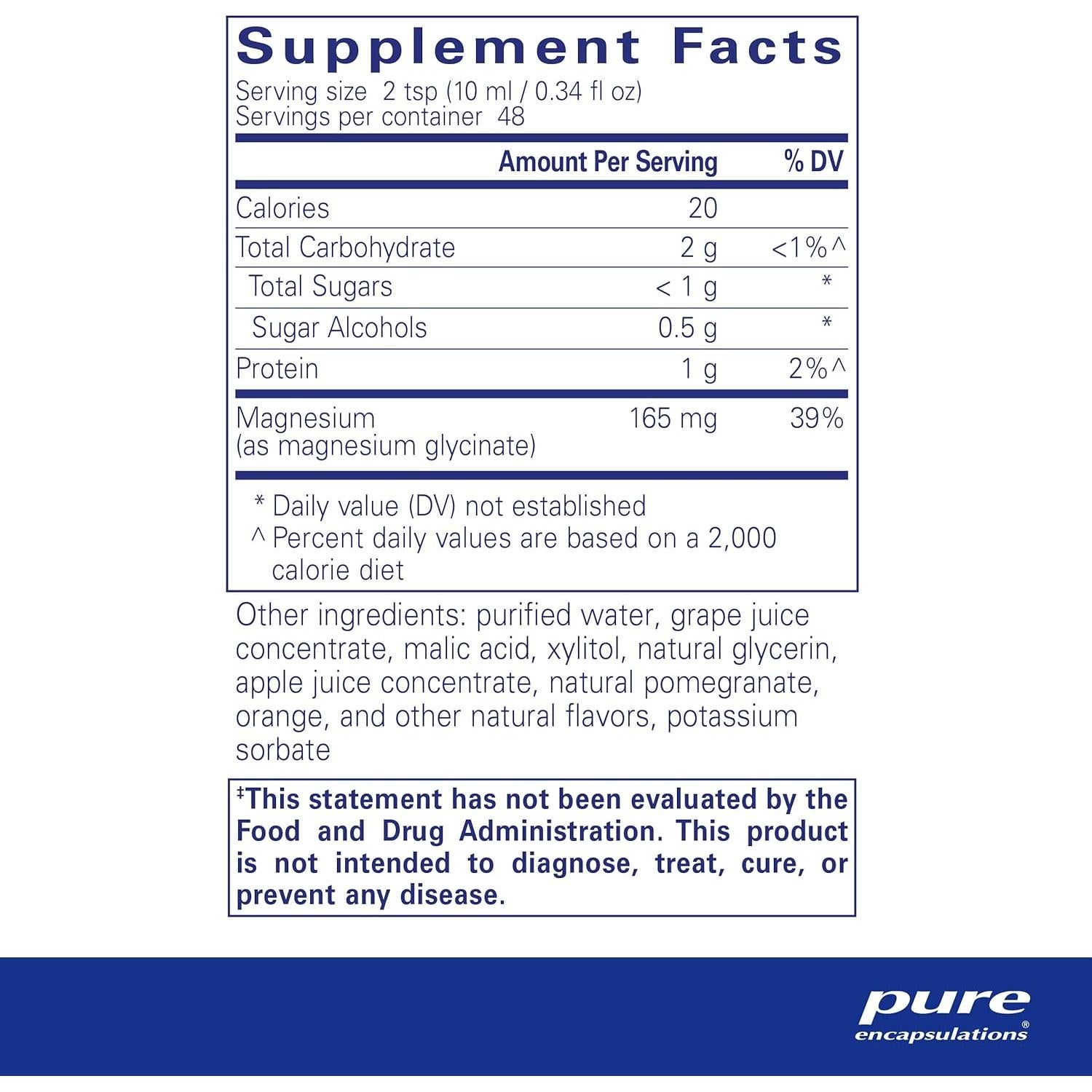 Magnesio Glicinato Líquido Pure Encapsulations 480 ml - Salud Ósea y Cardiovascular