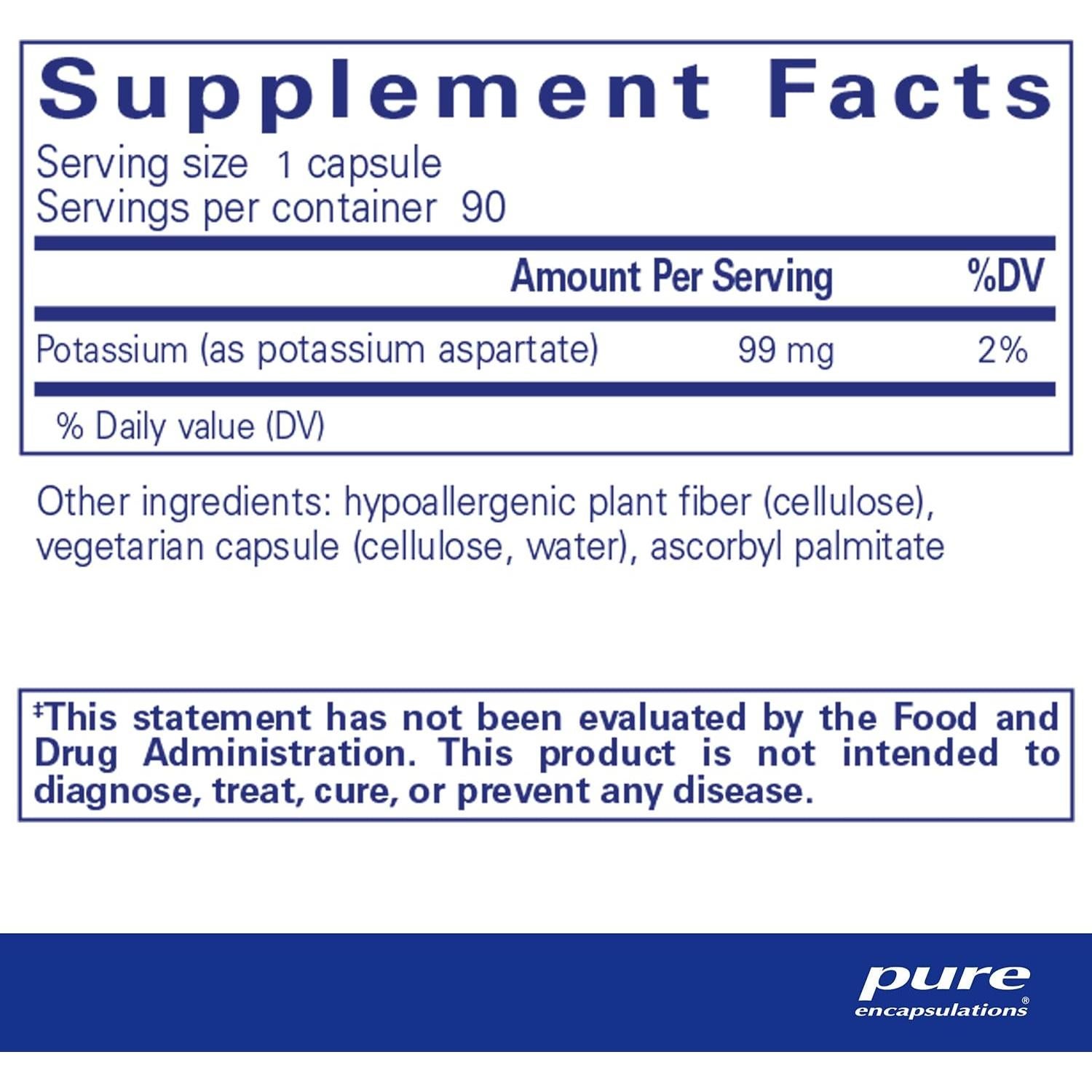 Suplemento de Potasio Hipoalergénico Pure Encapsulations 90 Cápsulas