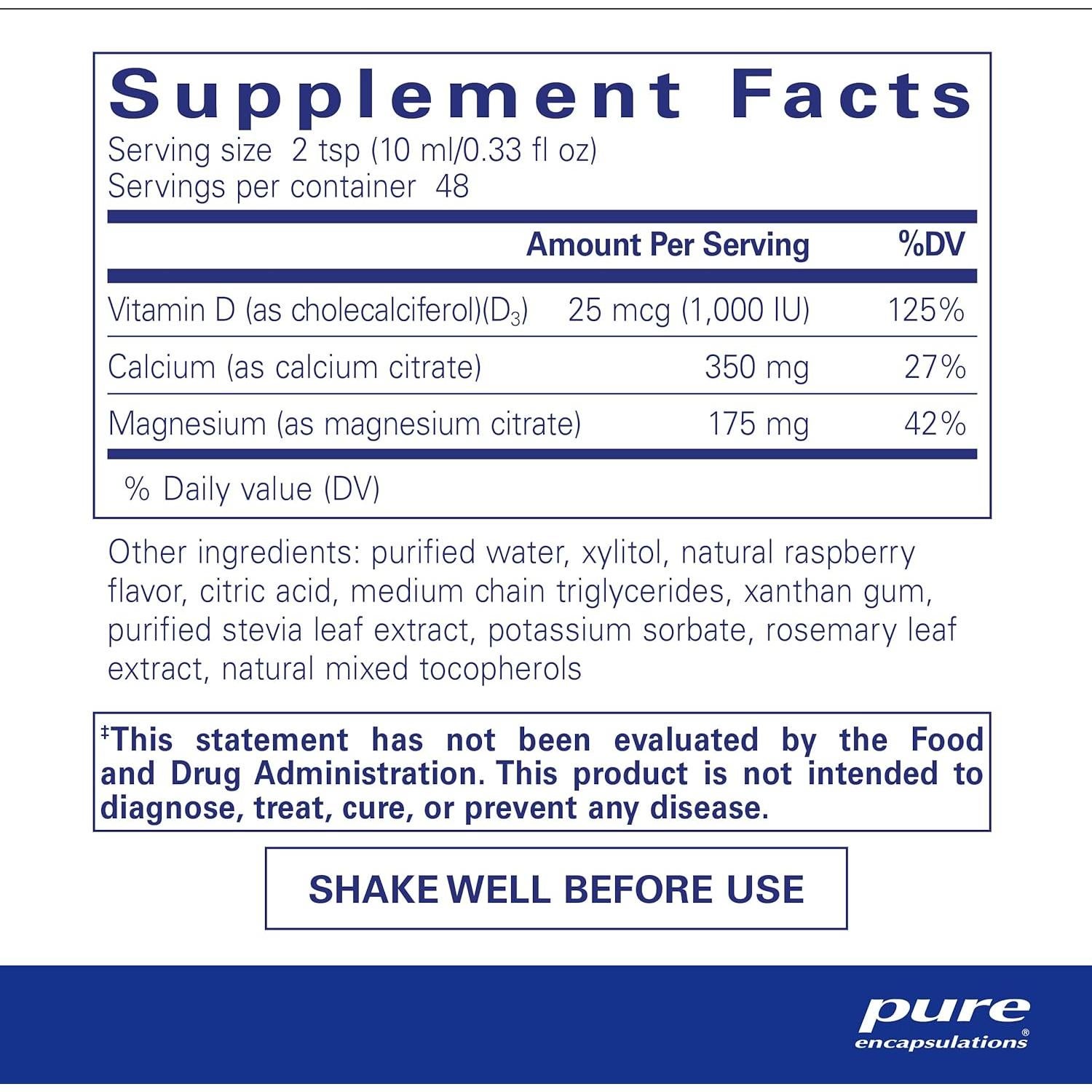 Suplemento Líquido Calcio, Magnesio y Vitamina D Pure Encapsulations 478 ml