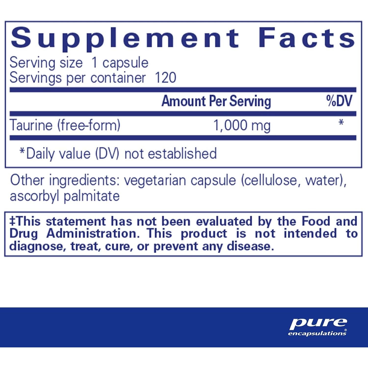 Taurina 1000 mg Pure Encapsulations - 120 Cápsulas Veganas