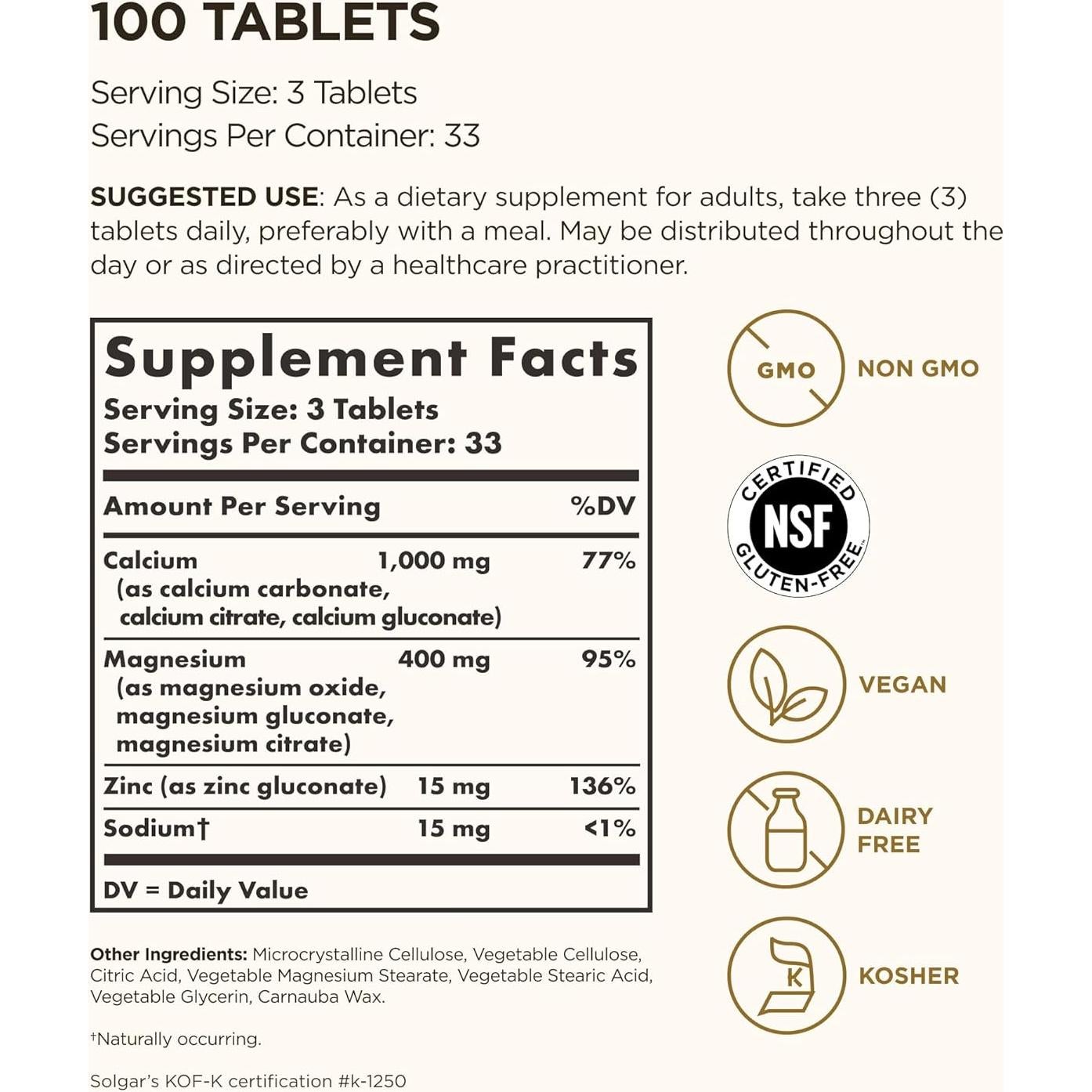 Solgar Calcio Magnesio Zinc 100 Tabletas - Salud Huesos y Dientes