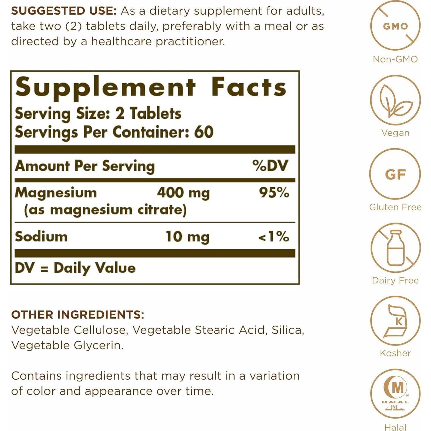 Citrato de Magnesio Solgar 120 Tabletas - Absorbible, Vegano