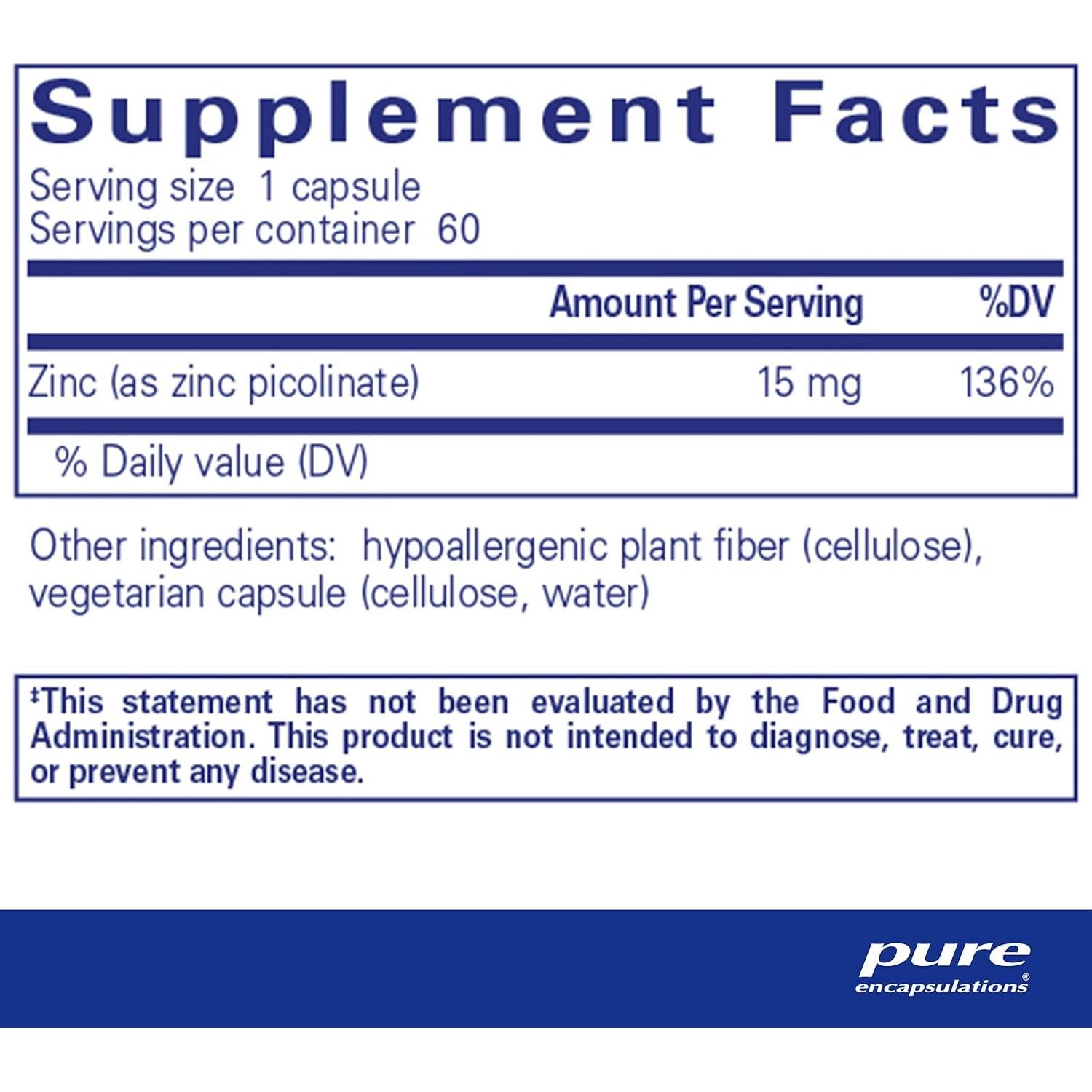 Suplemento de Zinc Picolinato Pure Encapsulations 60 Cápsulas