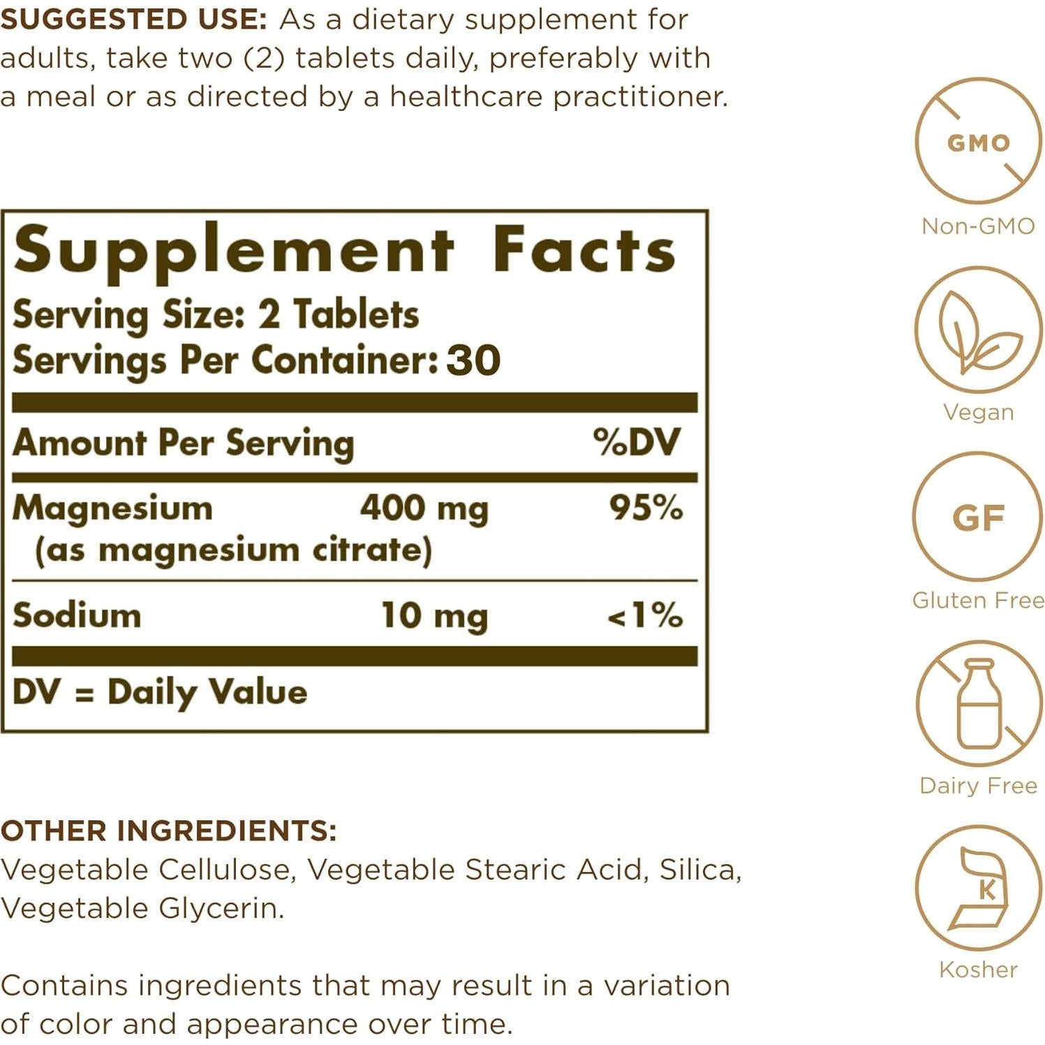 Citrato de Magnesio Solgar 60 Tabletas - Absorbible, Vegano