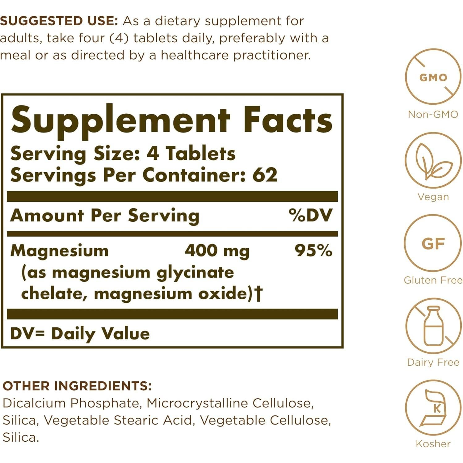 Solgar Magnesio Quelado 250 Tabletas - Vegano, Sin Gluten