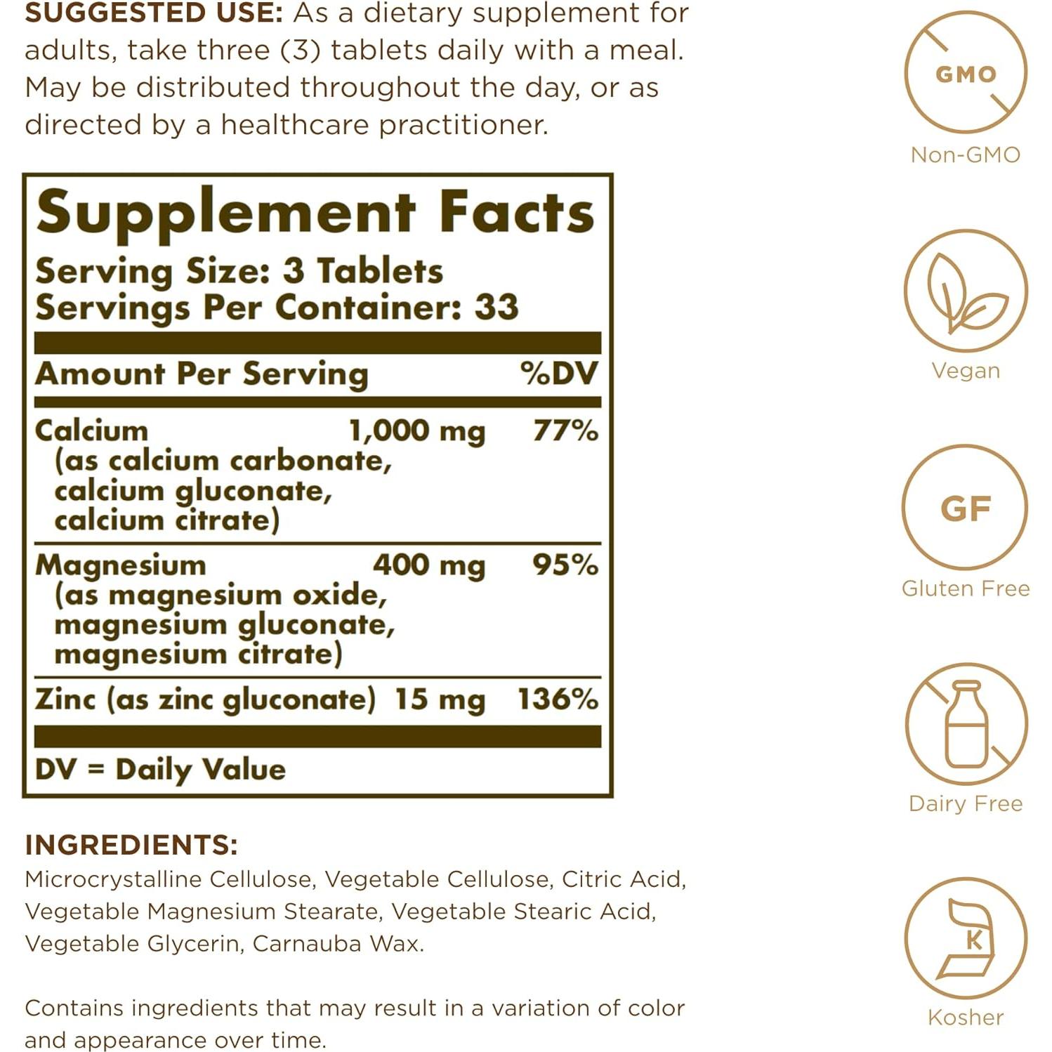 Suplemento Solgar Calcio Magnesio Zinc - 200 Tabletas Veganas