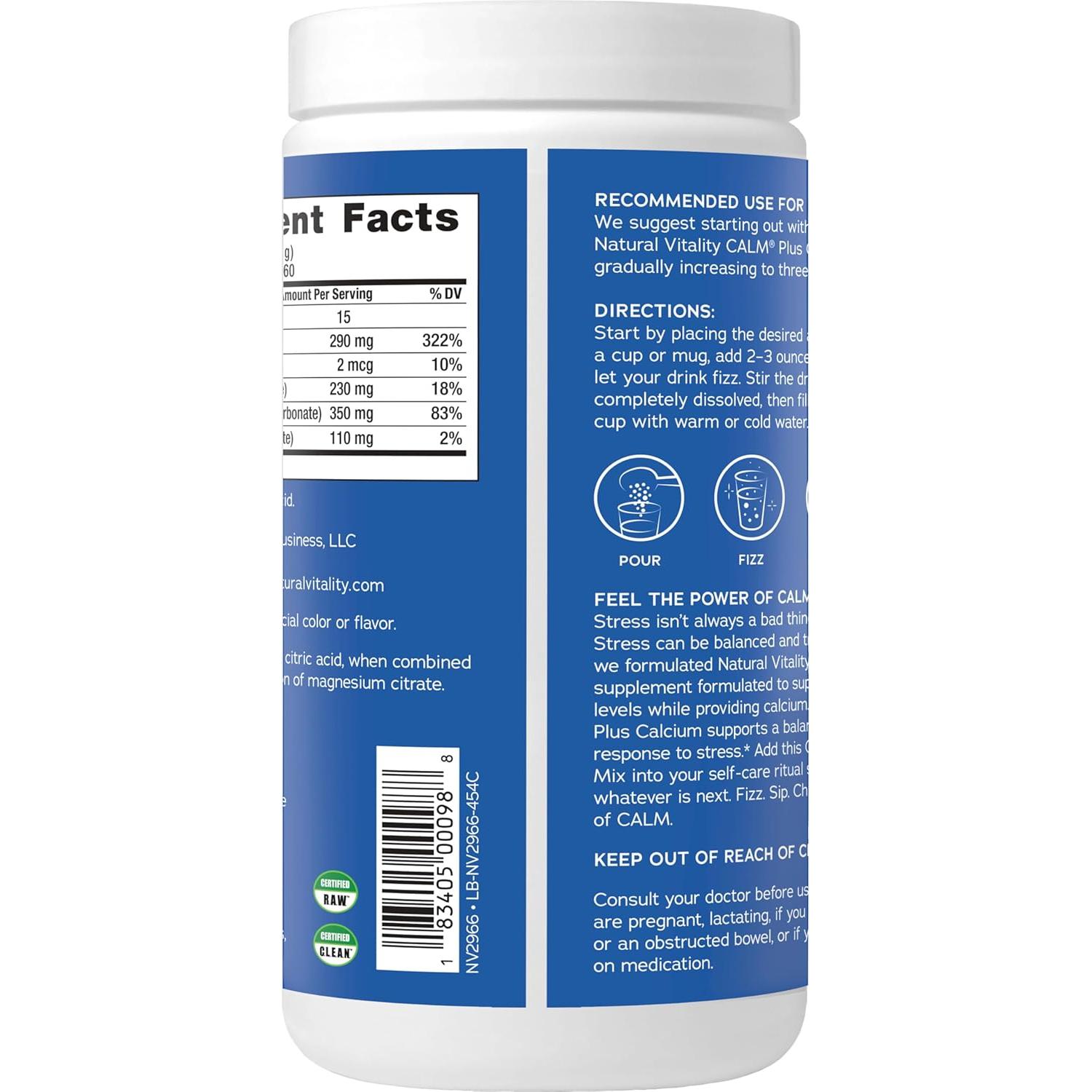 Suplemento de Magnesio y Calcio Natural Vitality Calm 454 g