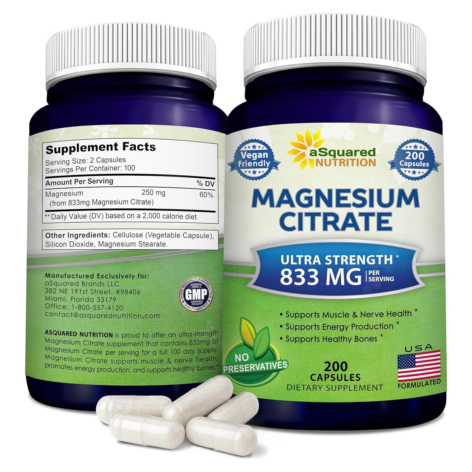 Suplemento de Citrato de Magnesio aSquared Nutrition 833mg - 200 Cápsulas Veganas