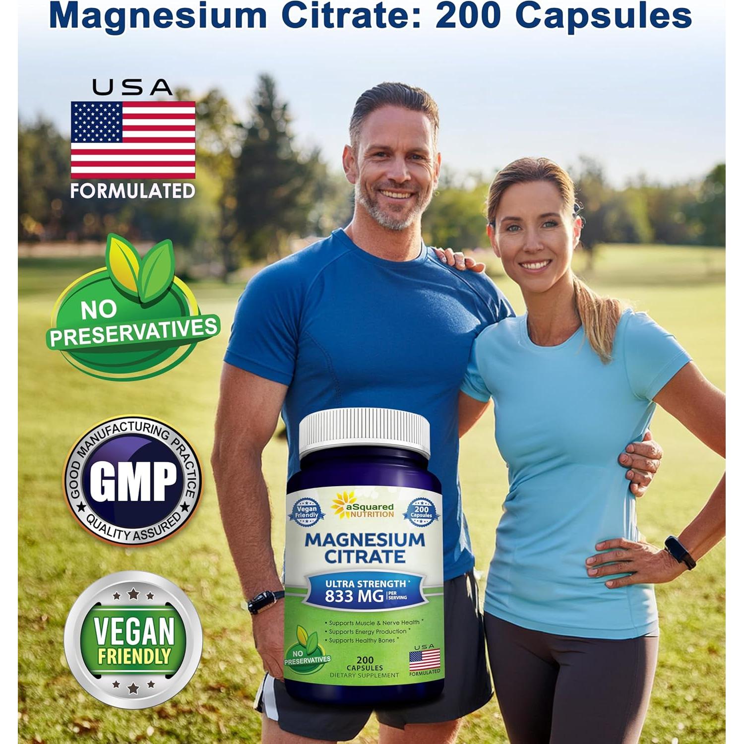 Suplemento de Citrato de Magnesio aSquared Nutrition 833mg - 200 Cápsulas Veganas
