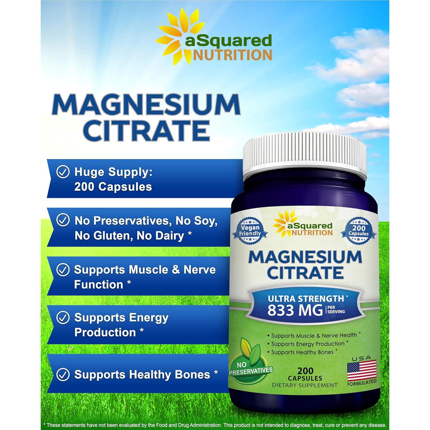 Suplemento de Citrato de Magnesio aSquared Nutrition 833mg - 200 Cápsulas Veganas