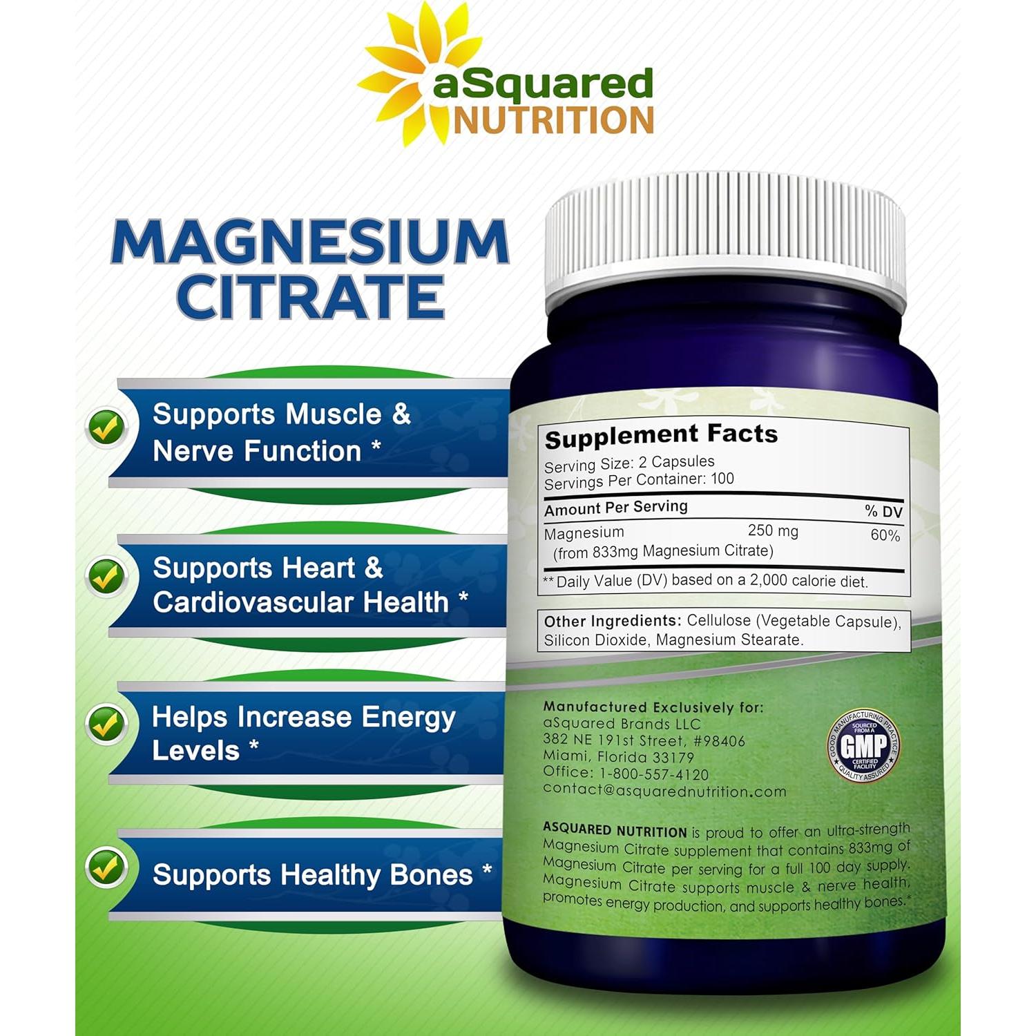Suplemento de Citrato de Magnesio aSquared Nutrition 833mg - 200 Cápsulas Veganas