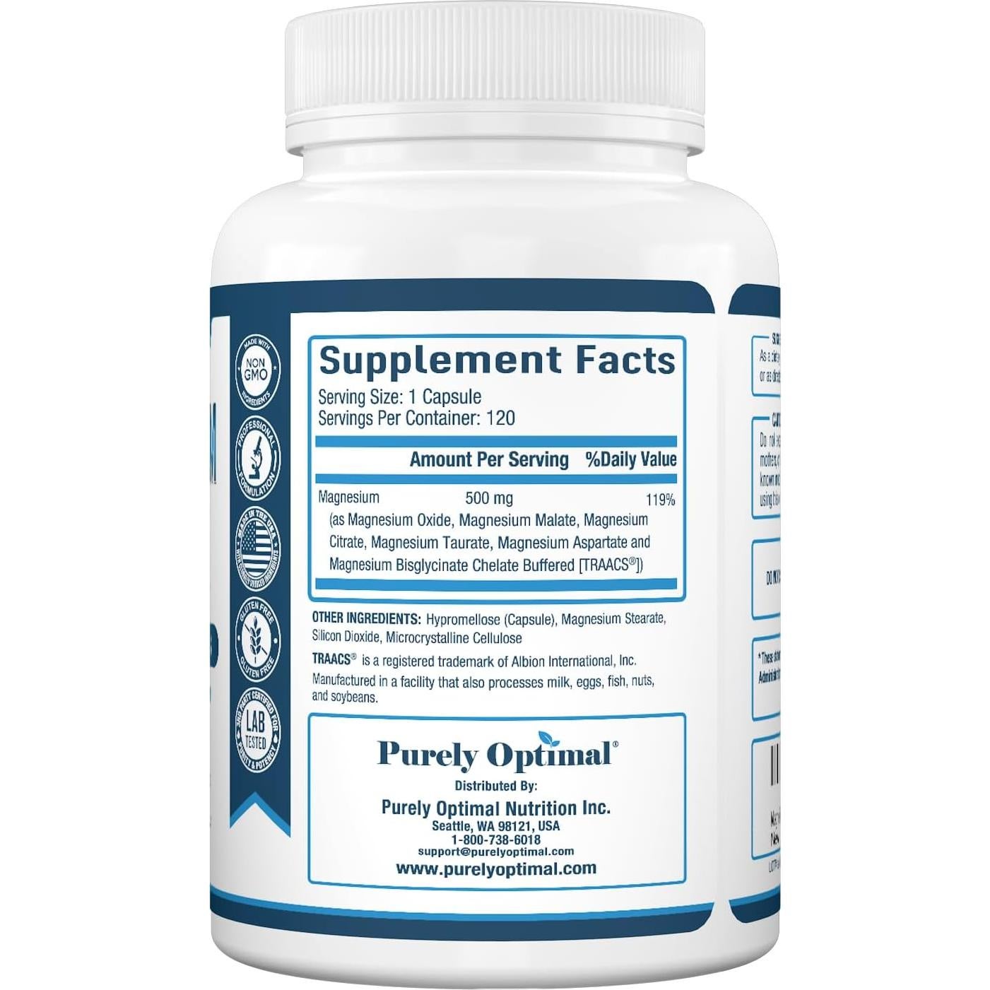 Suplemento de Magnesio Purely Optimal - 120 Cápsulas Alta Absorción