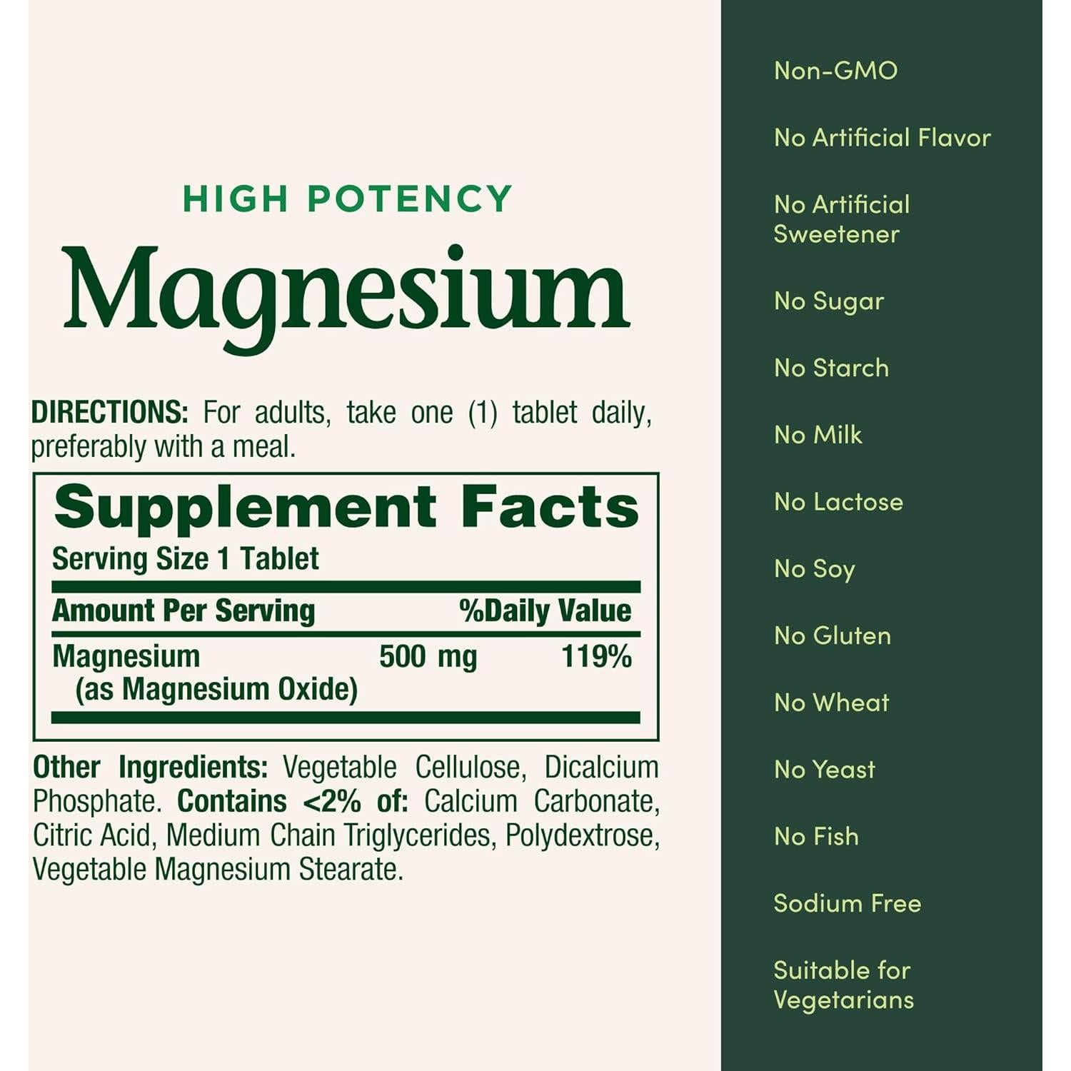 Suplemento de Magnesio Nature's Bounty 500 mg 100 Tabletas