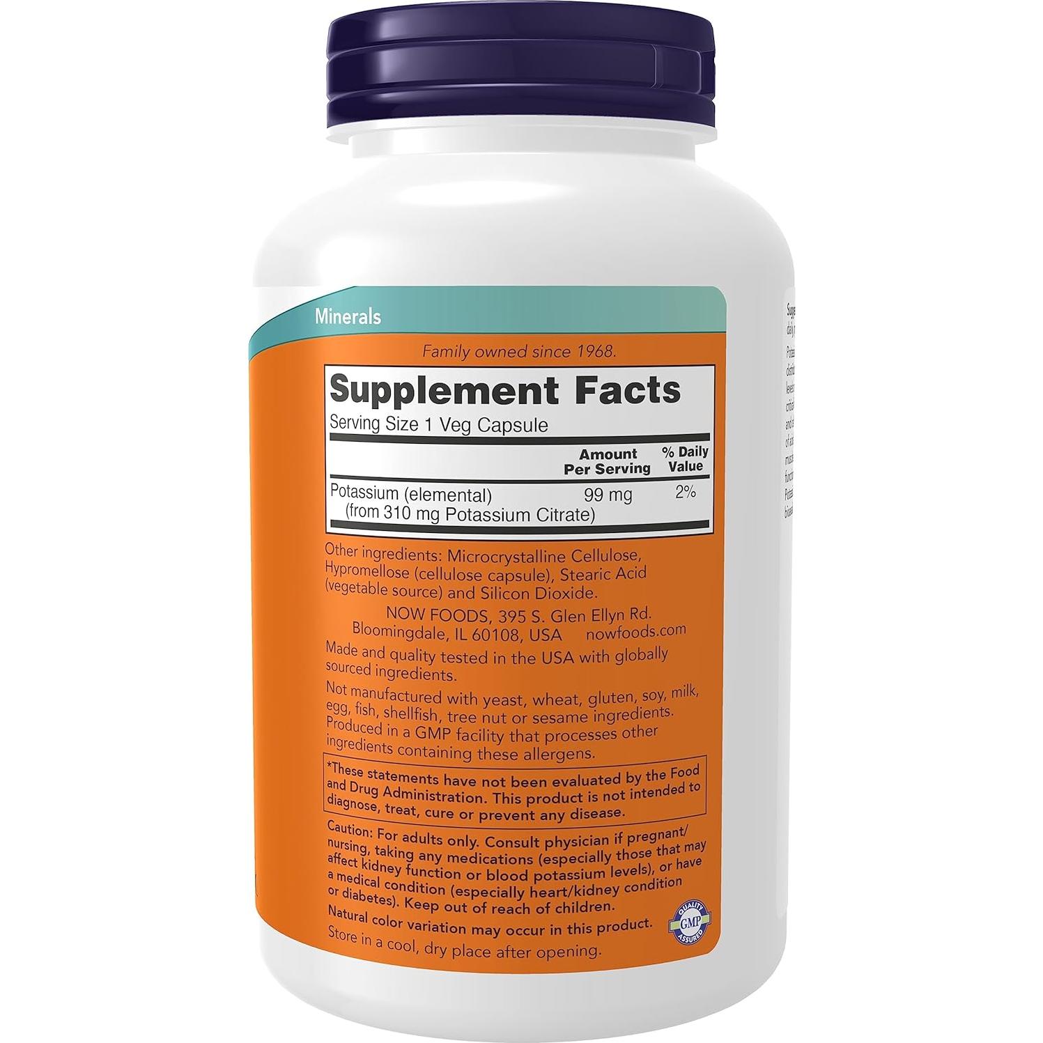 Citrato de Potasio NOW Foods 99 mg 360 Cápsulas Veganas