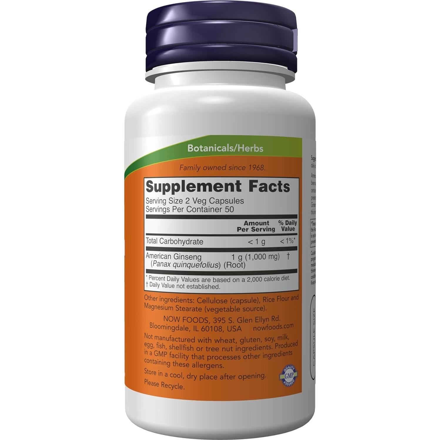 Suplemento Herbal Ginseng Americano NOW Foods 500 mg 100 Cápsulas Veganas