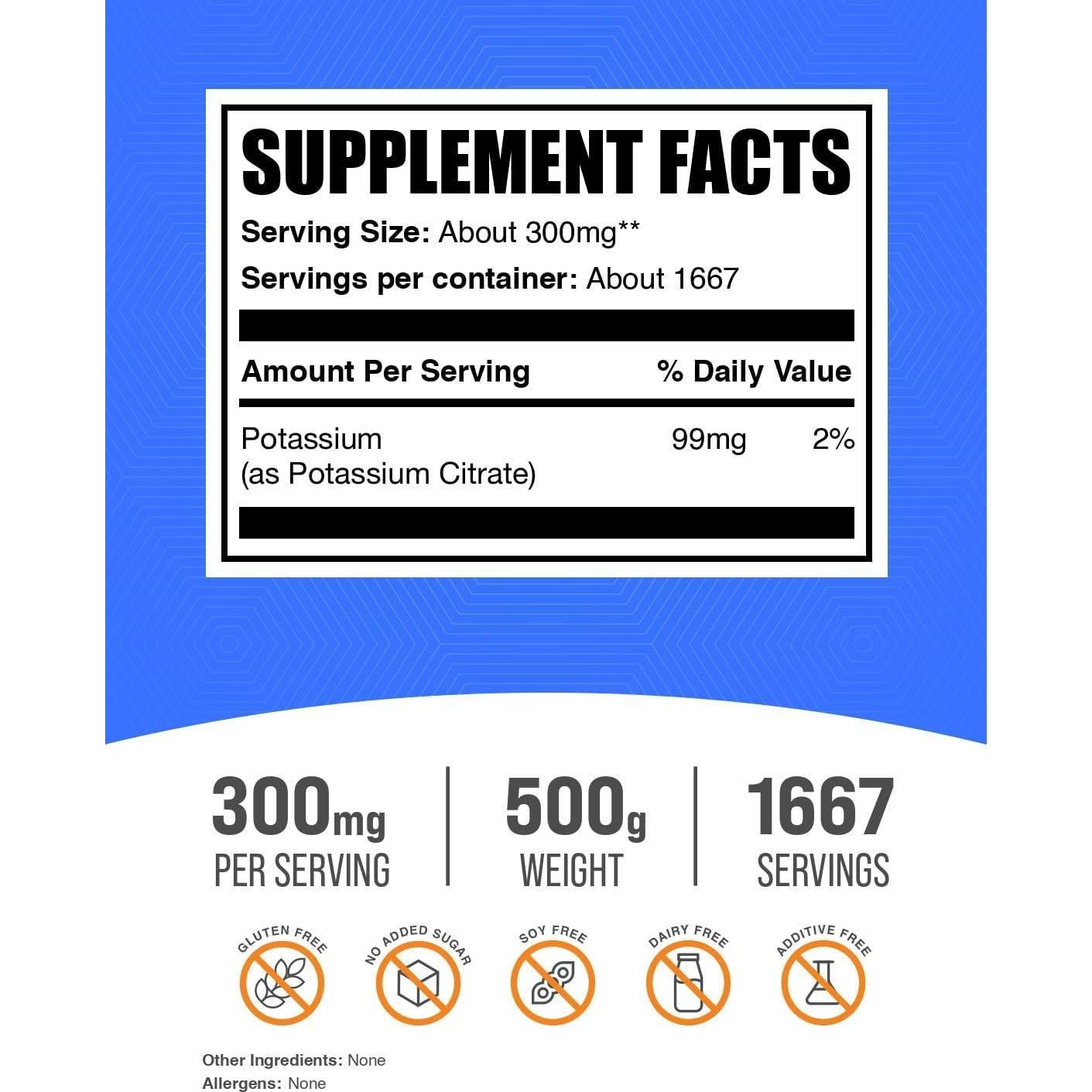 Polvo de Citrato de Potasio BulkSupplements 500g - 99mg por Porción