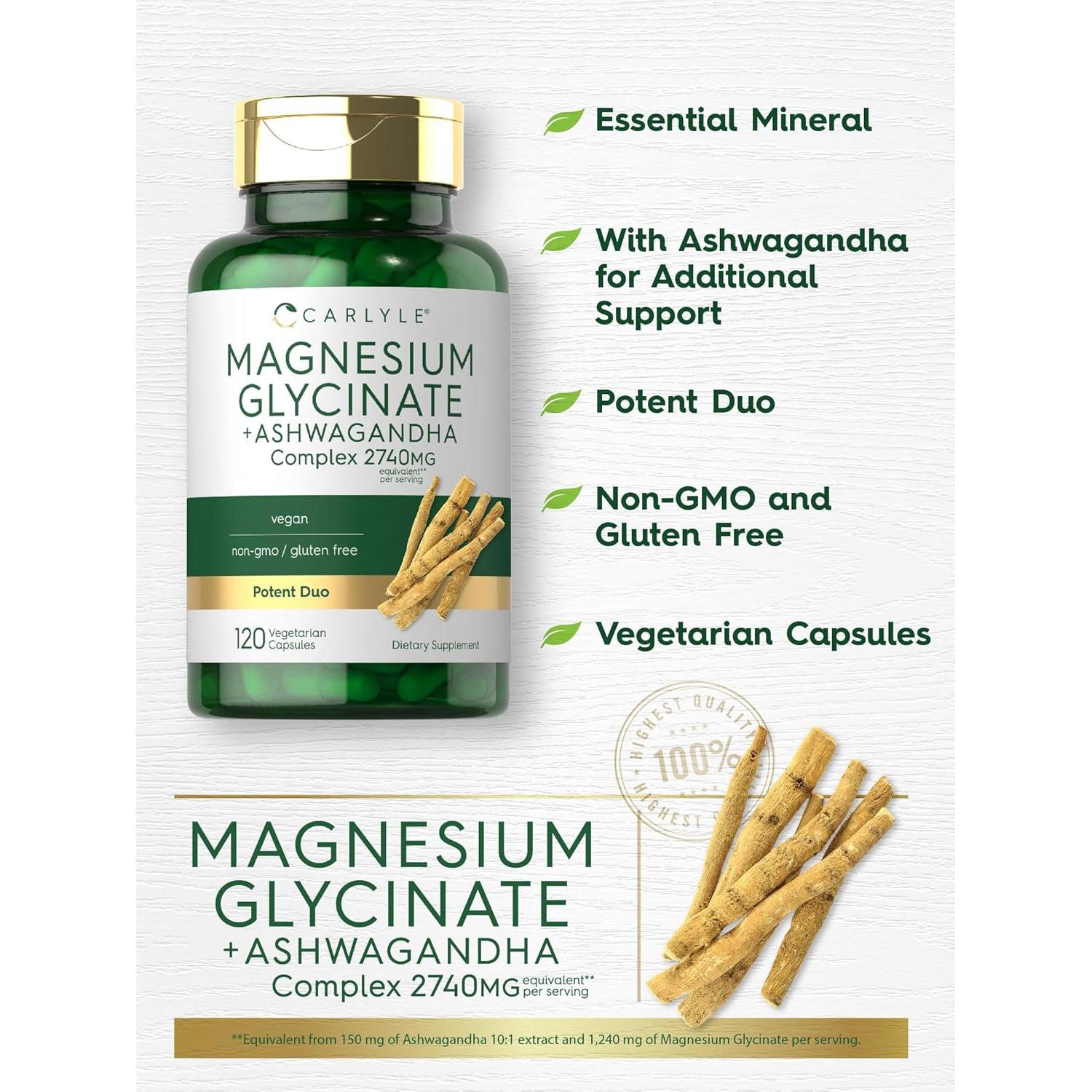 Cápsulas Vegetarianas de Glicinato de Magnesio + Ashwagandha 120u