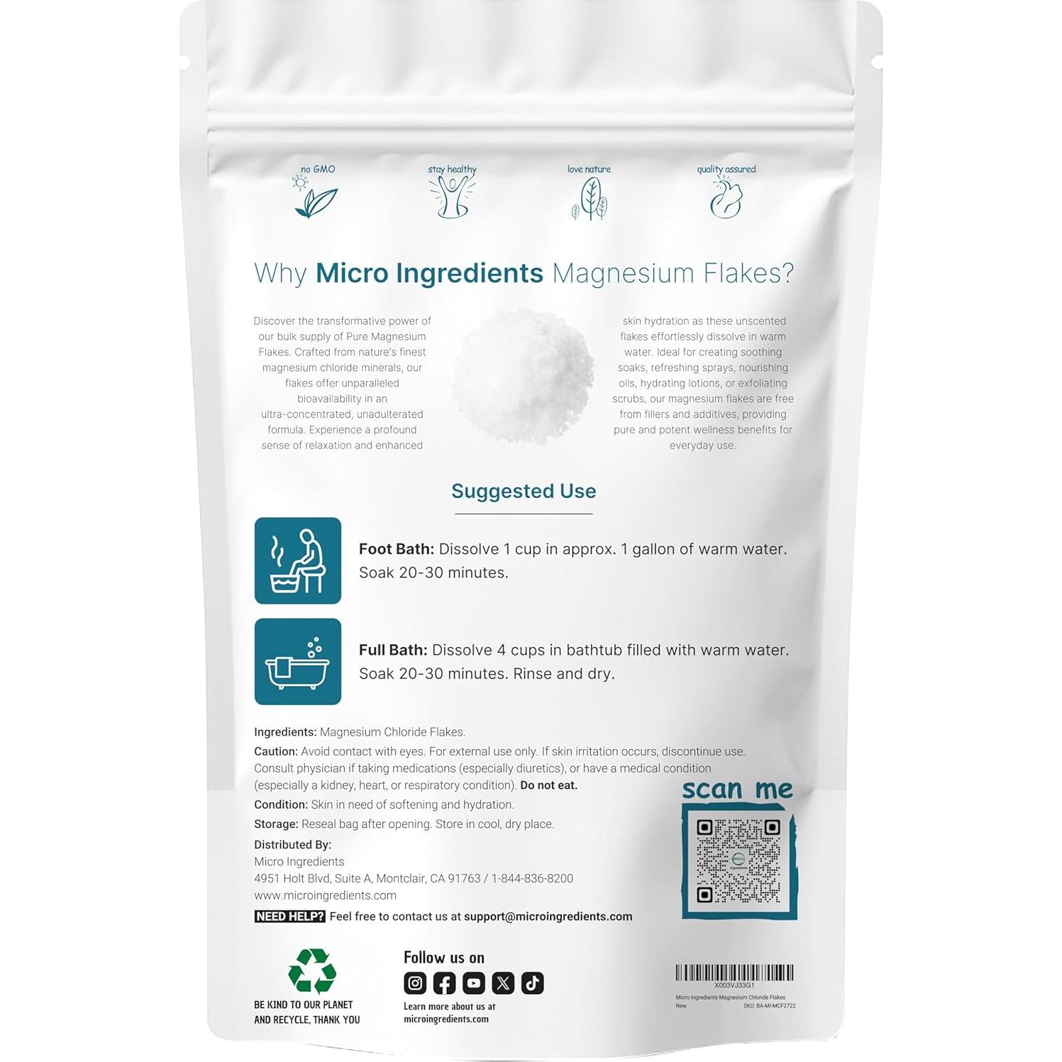 Copos de Magnesio Micro Ingredients 2.72kg - Relajación y Hidratación