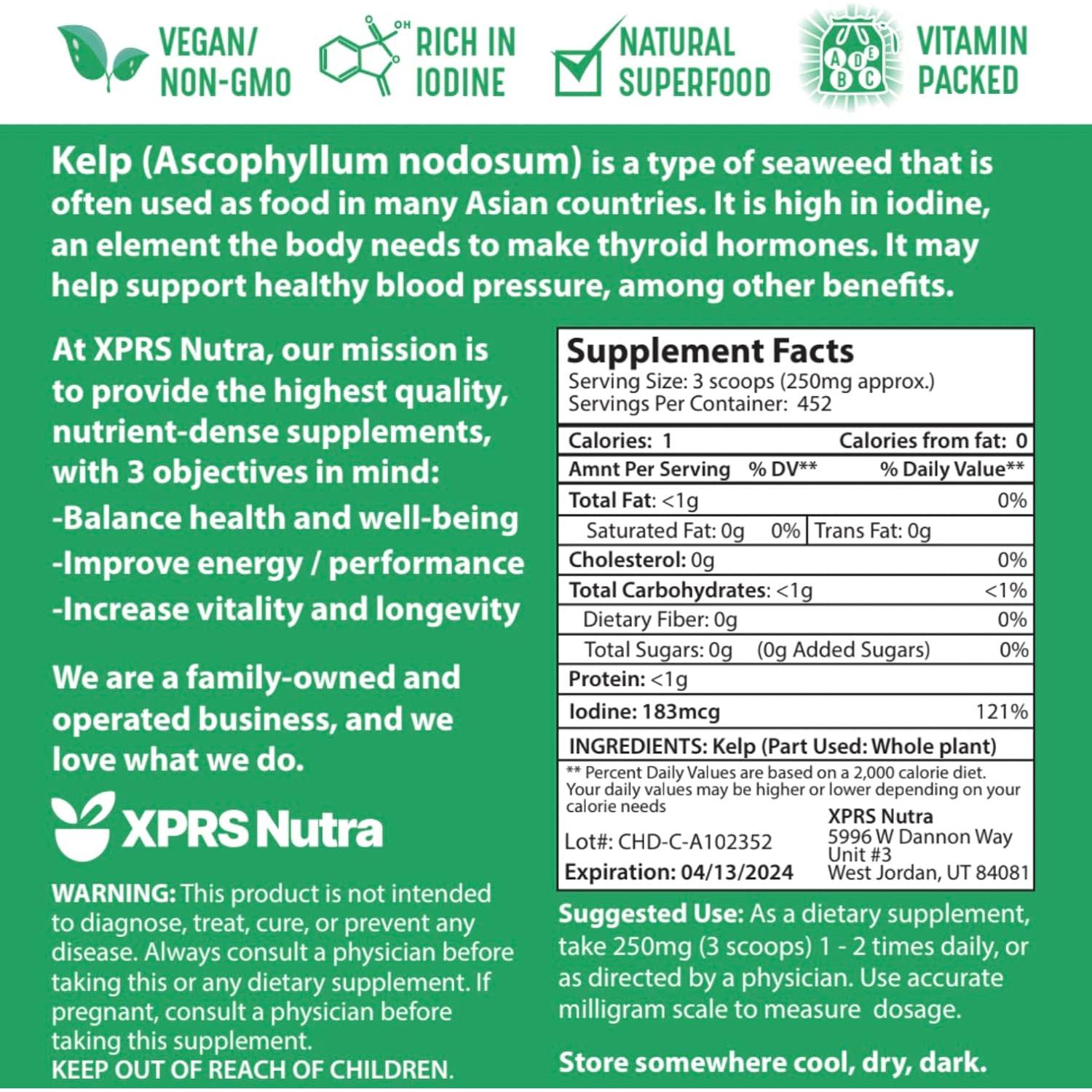 Polvo Orgánico de Kelp XPRS Nutra 113.4 g - Suplemento Vegano