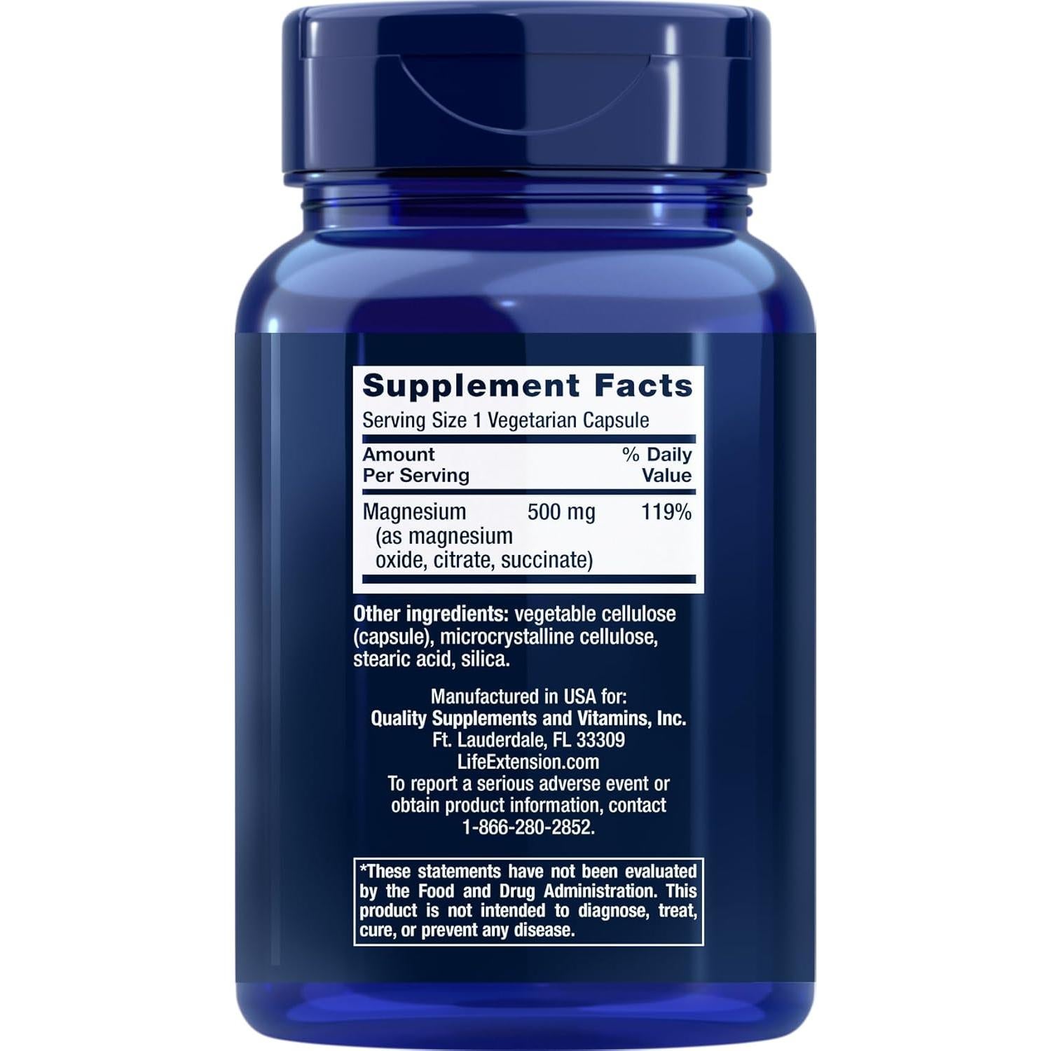 Suplemento de Magnesio Life Extension 500 mg 300 Cápsulas Vegetarianas