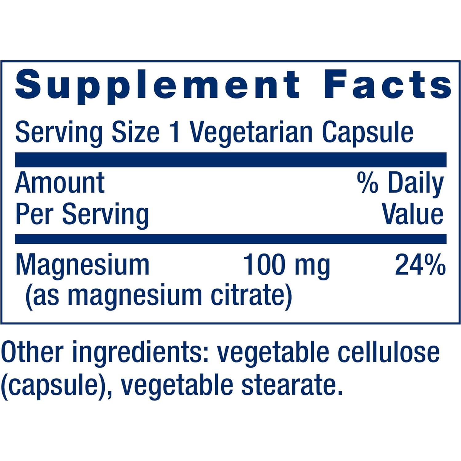 Cápsulas Vegetarianas Citrato de Magnesio Life Extension 100 mg - 100 Unidades