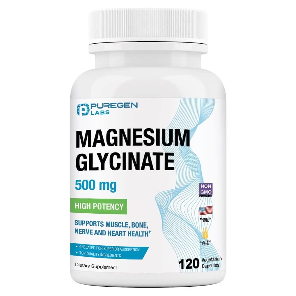 Glicinato de Magnesio 500mg Puregen Labs 120 Cápsulas Vegetales