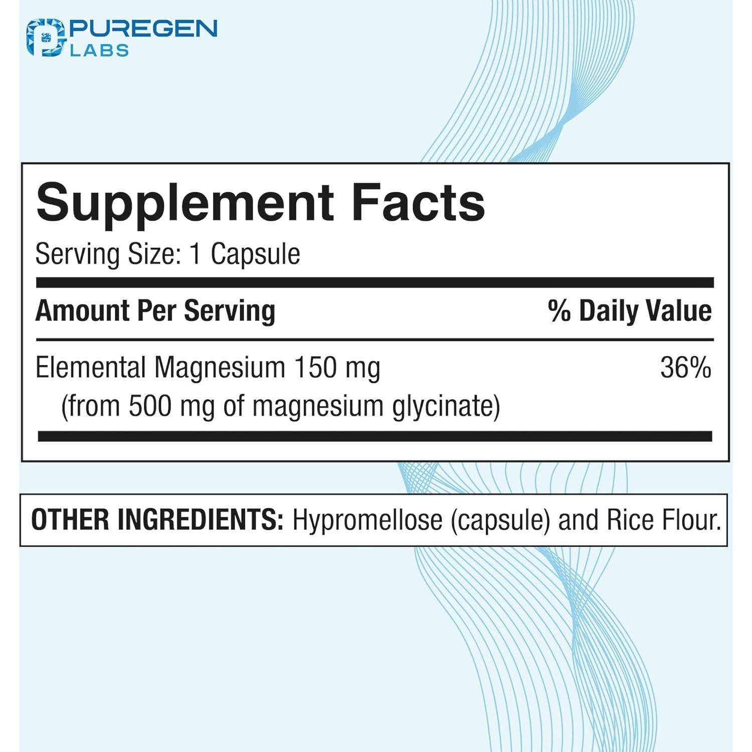 Glicinato de Magnesio 500mg Puregen Labs 120 Cápsulas Vegetales
