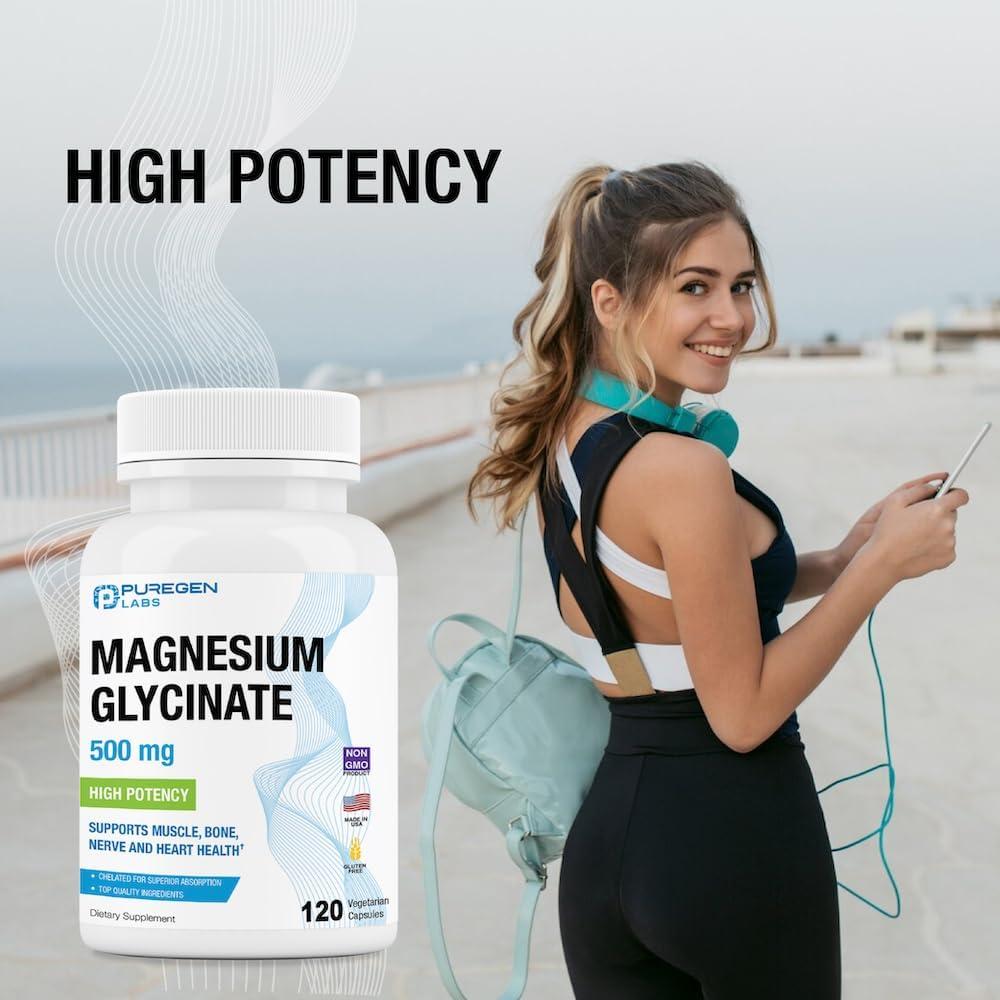 Glicinato de Magnesio 500mg Puregen Labs 120 Cápsulas Vegetales