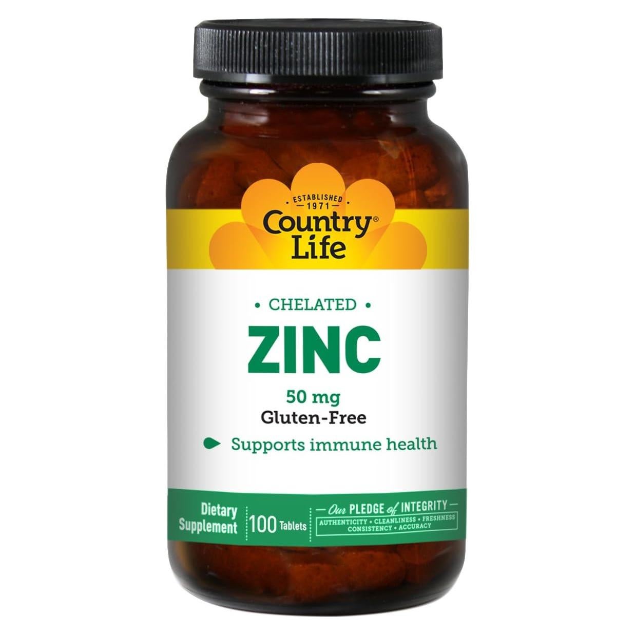 Country Life Zinc Quelado 50 mg - Suplemento Inmunológico Vegano 100 Tabletas