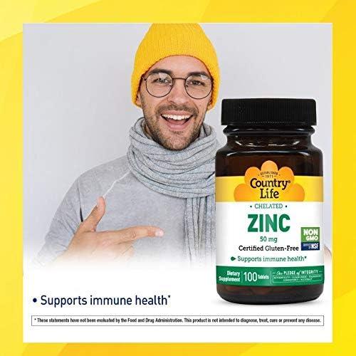 Country Life Zinc Quelado 50 mg - Suplemento Inmunológico Vegano 100 Tabletas