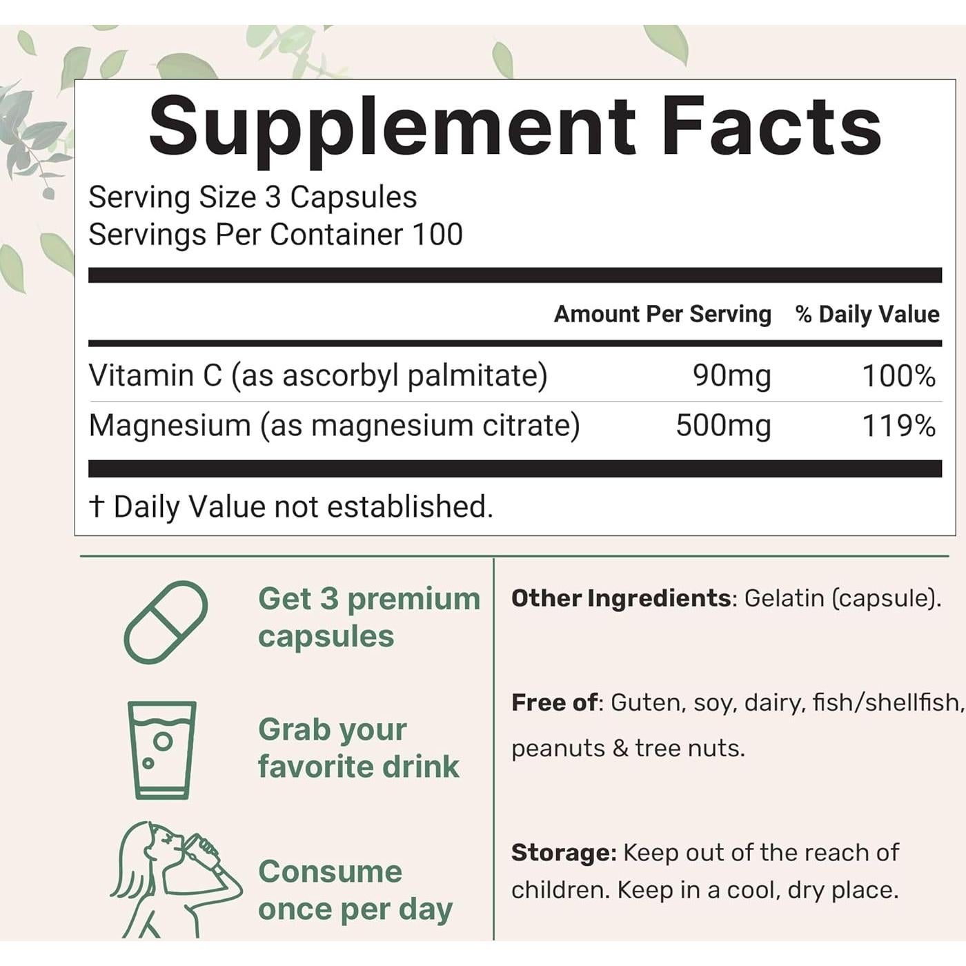 Suplemento de Citrato de Magnesio Puro 500mg con Vitamina C 300 Cápsulas