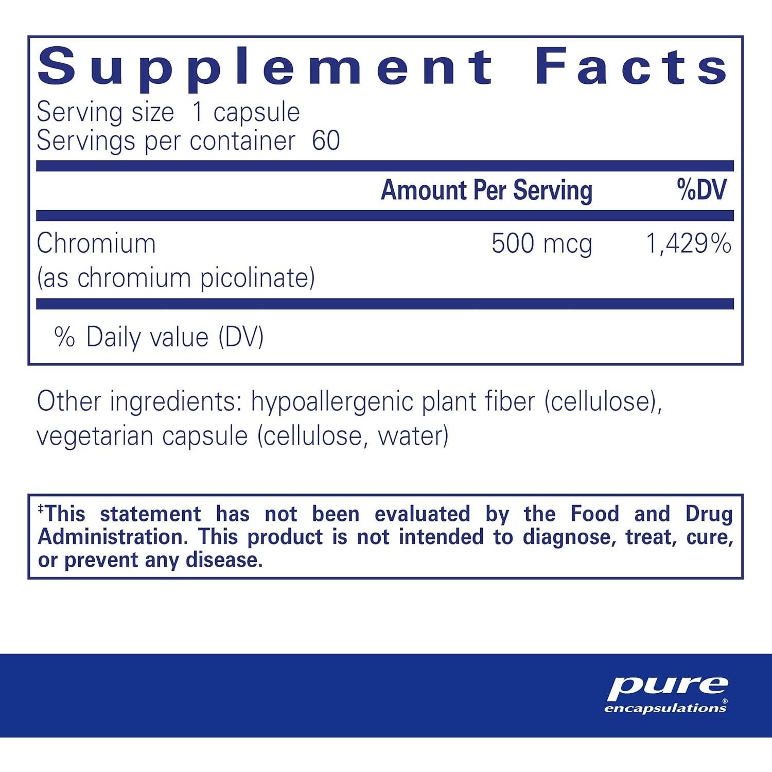 Suplemento de Cromo Picolinato Pure Encapsulations 500 mcg - 60 Cápsulas Veganas