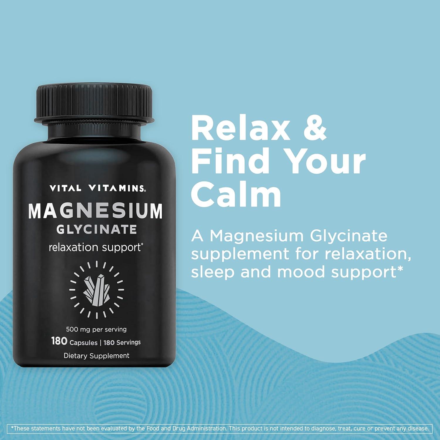 Suplemento de Magnesio Glicinato 500mg Vitaminas Vitales - 180 Cápsulas Veganas