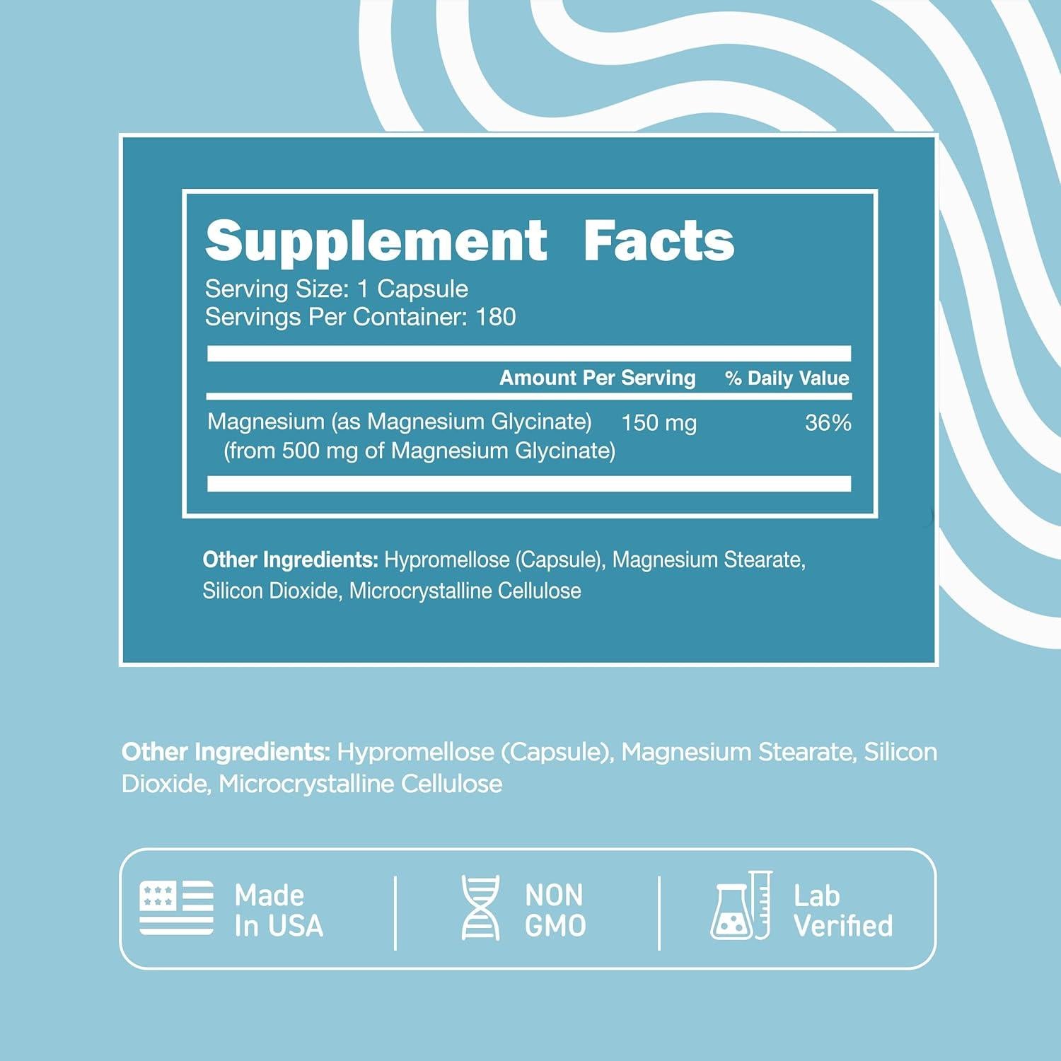 Suplemento de Magnesio Glicinato 500mg Vitaminas Vitales - 180 Cápsulas Veganas
