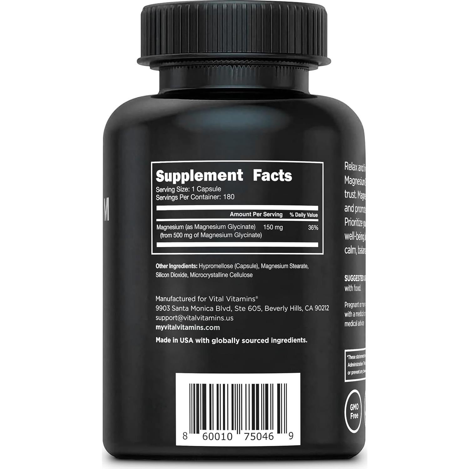 Suplemento de Magnesio Glicinato 500mg Vitaminas Vitales - 180 Cápsulas Veganas