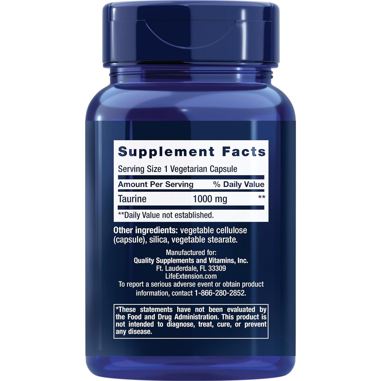 Suplemento de Taurina Life Extension 1000 mg 90 Cápsulas