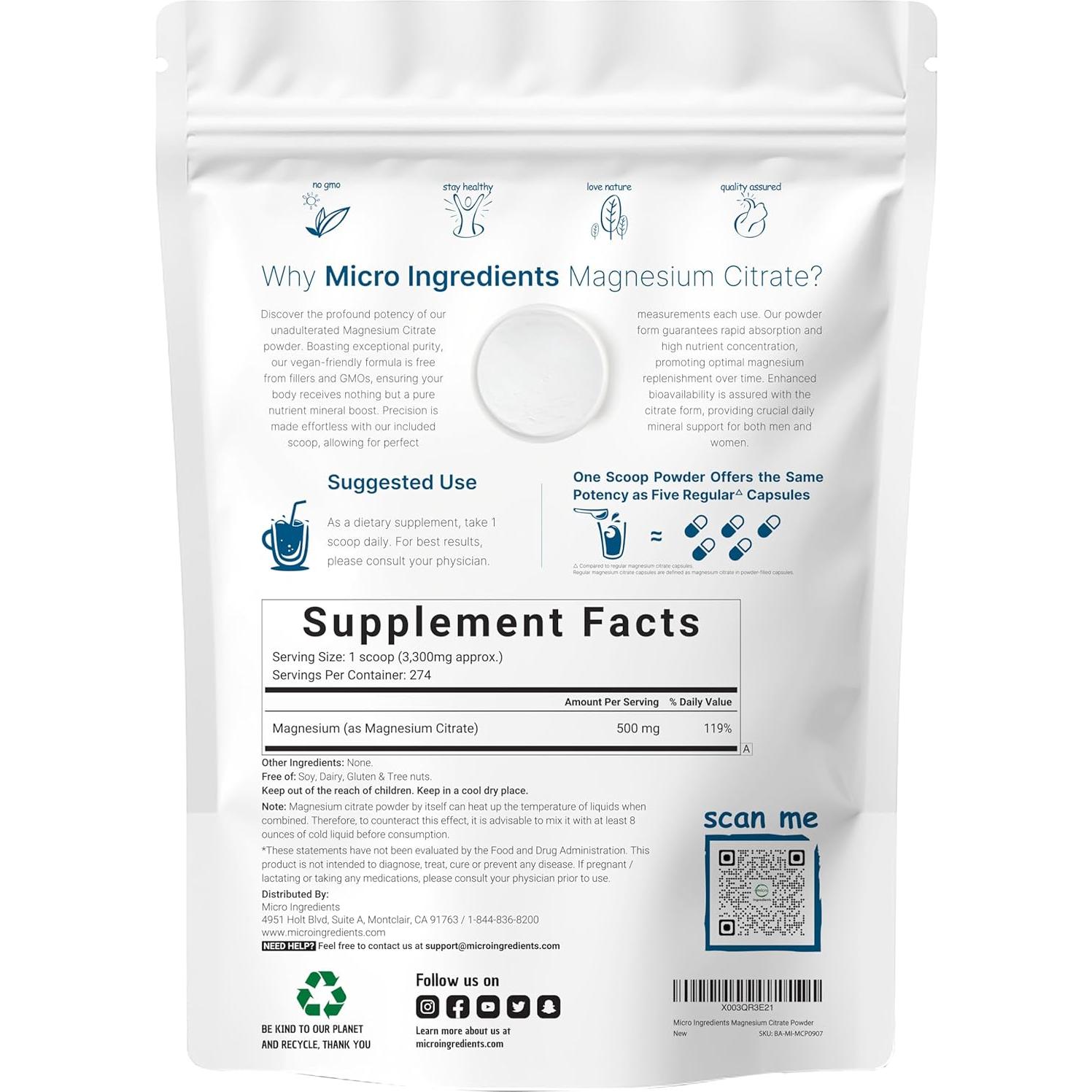 Citrato de Magnesio en Polvo Micro Ingredients 0.9kg Puro Vegano