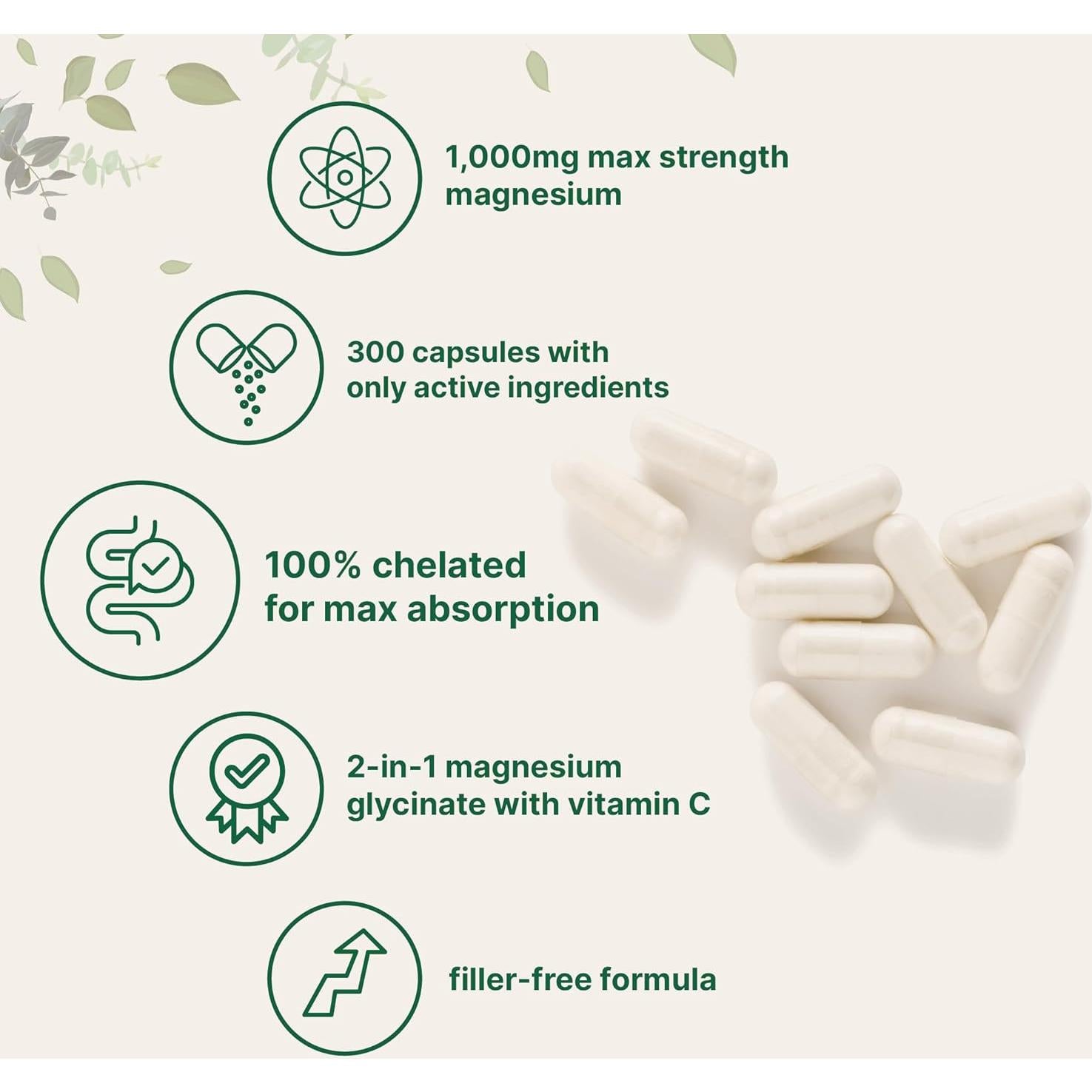 Glicinato de Magnesio Puro 1000mg con Vitamina C - 300 Cápsulas