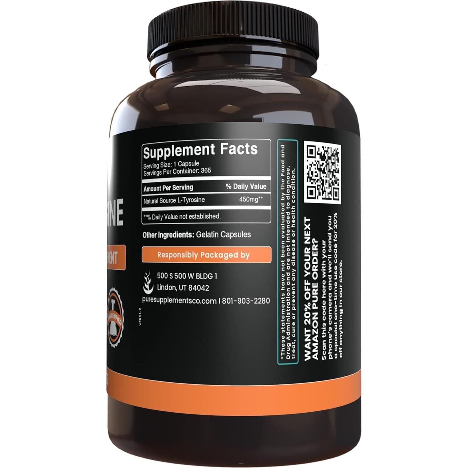 L-Tirosina 365 Cápsulas Ingredientes Originales Puros