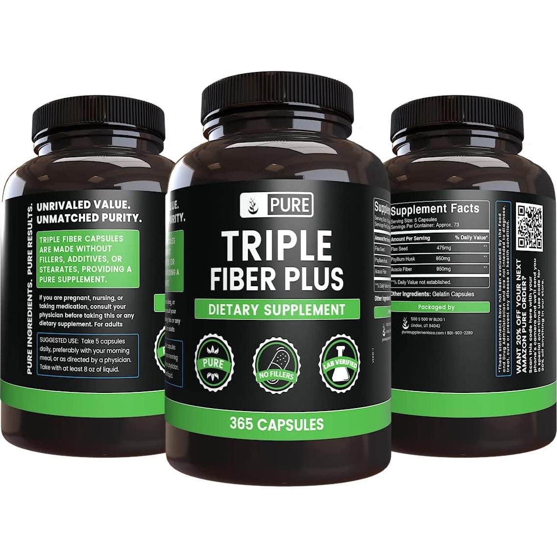 Suplemento de Triple Fibra 365 Cápsulas Puras Sin Rellenos