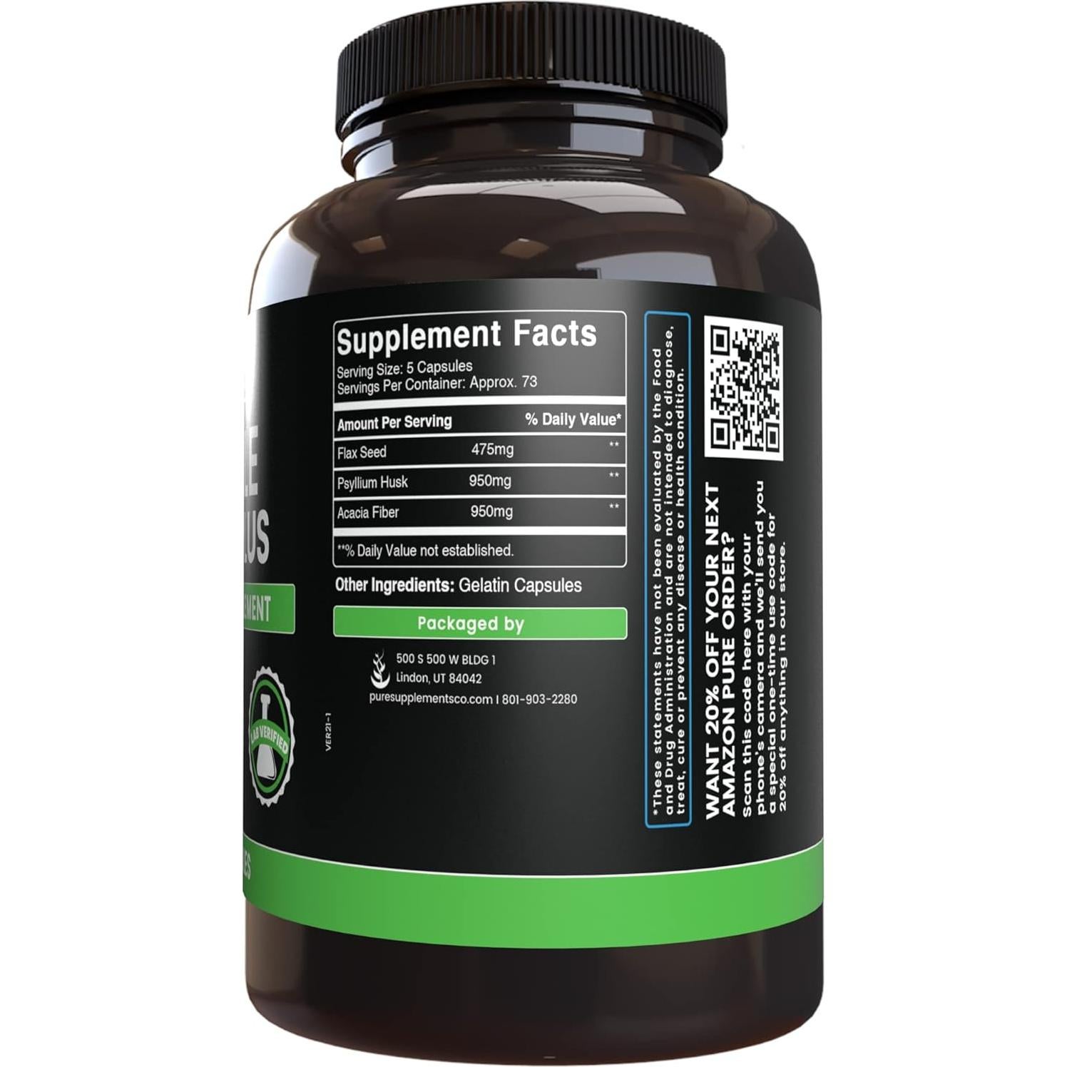 Suplemento de Triple Fibra 365 Cápsulas Puras Sin Rellenos